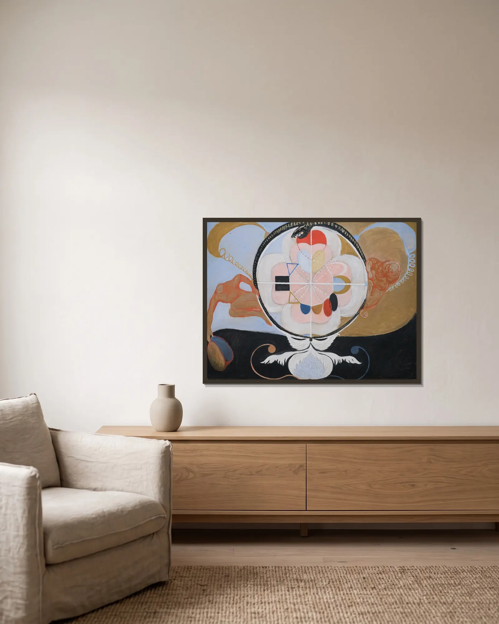 Evolution, No. 13, Group VI av Hilma af Klint inramad på en vägg