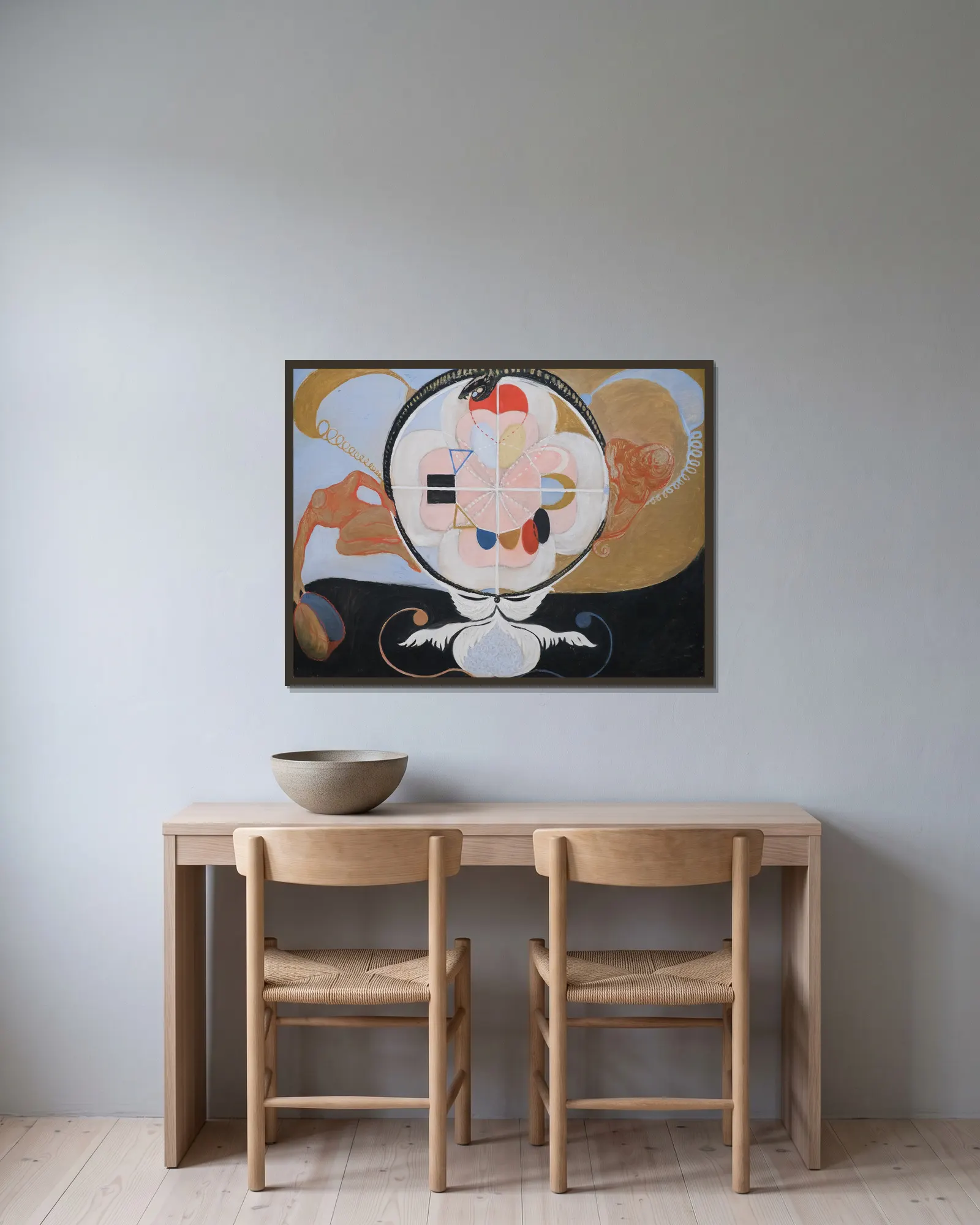 Evolution, No. 13, Group VI av Hilma af Klint inramad på en vägg