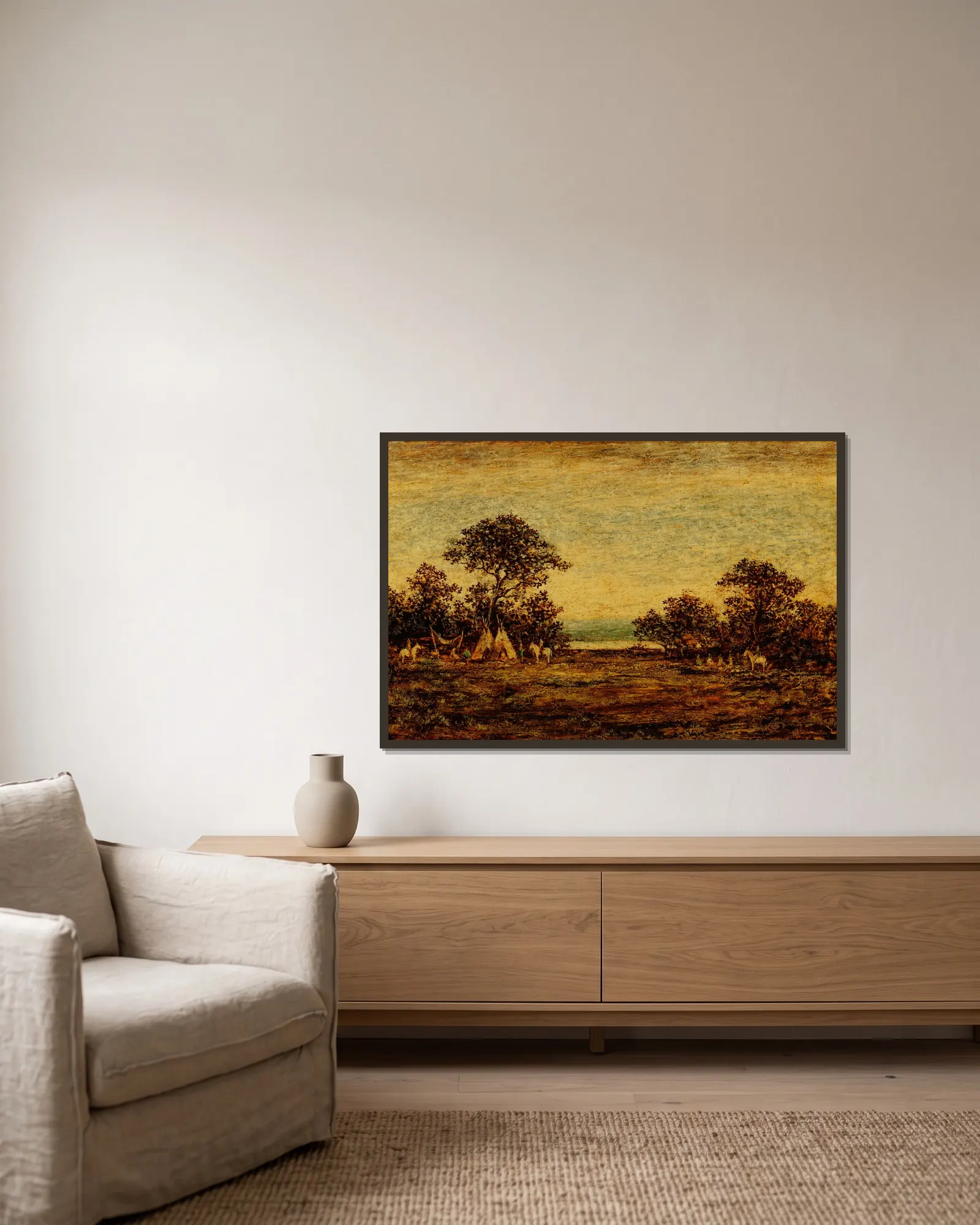 Indian Encampment av Ralph Albert Blakelock inramad på en vägg