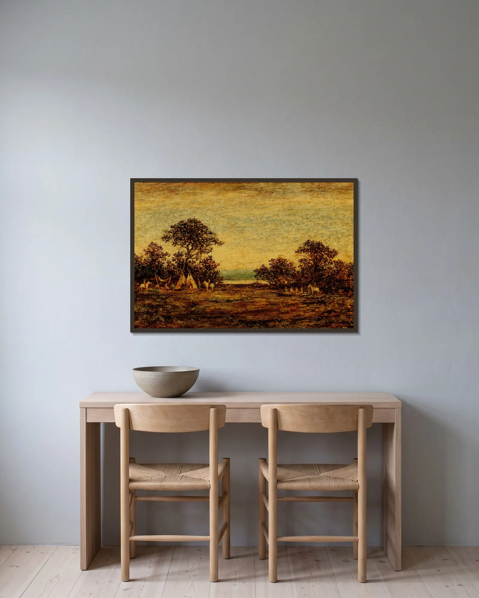 Indian Encampment av Ralph Albert Blakelock inramad på en vägg