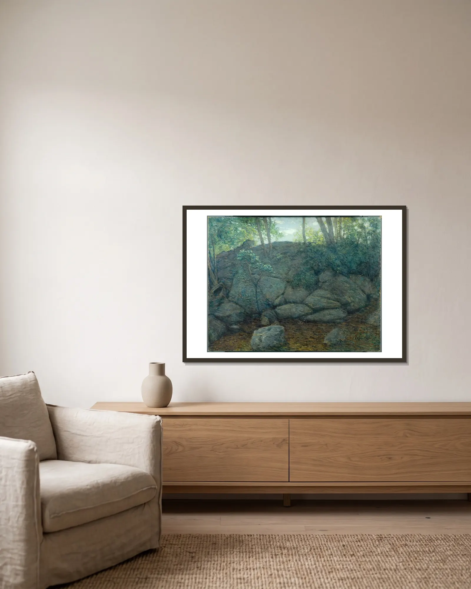 Woodland Rocks av Julian Alden Weir inramad på en vägg