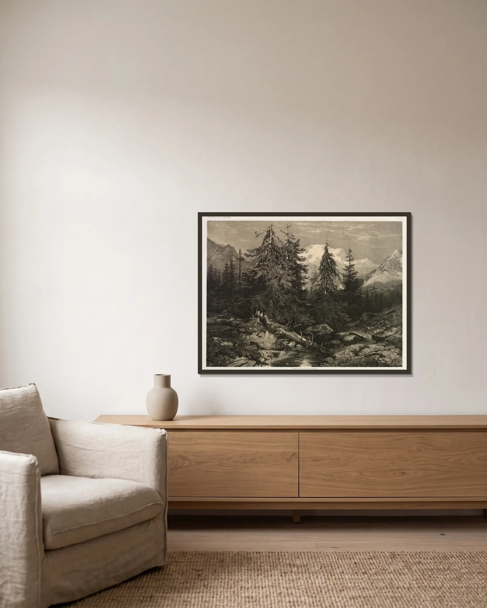 Alpine Stream av Alexandre Calame inramad på en vägg