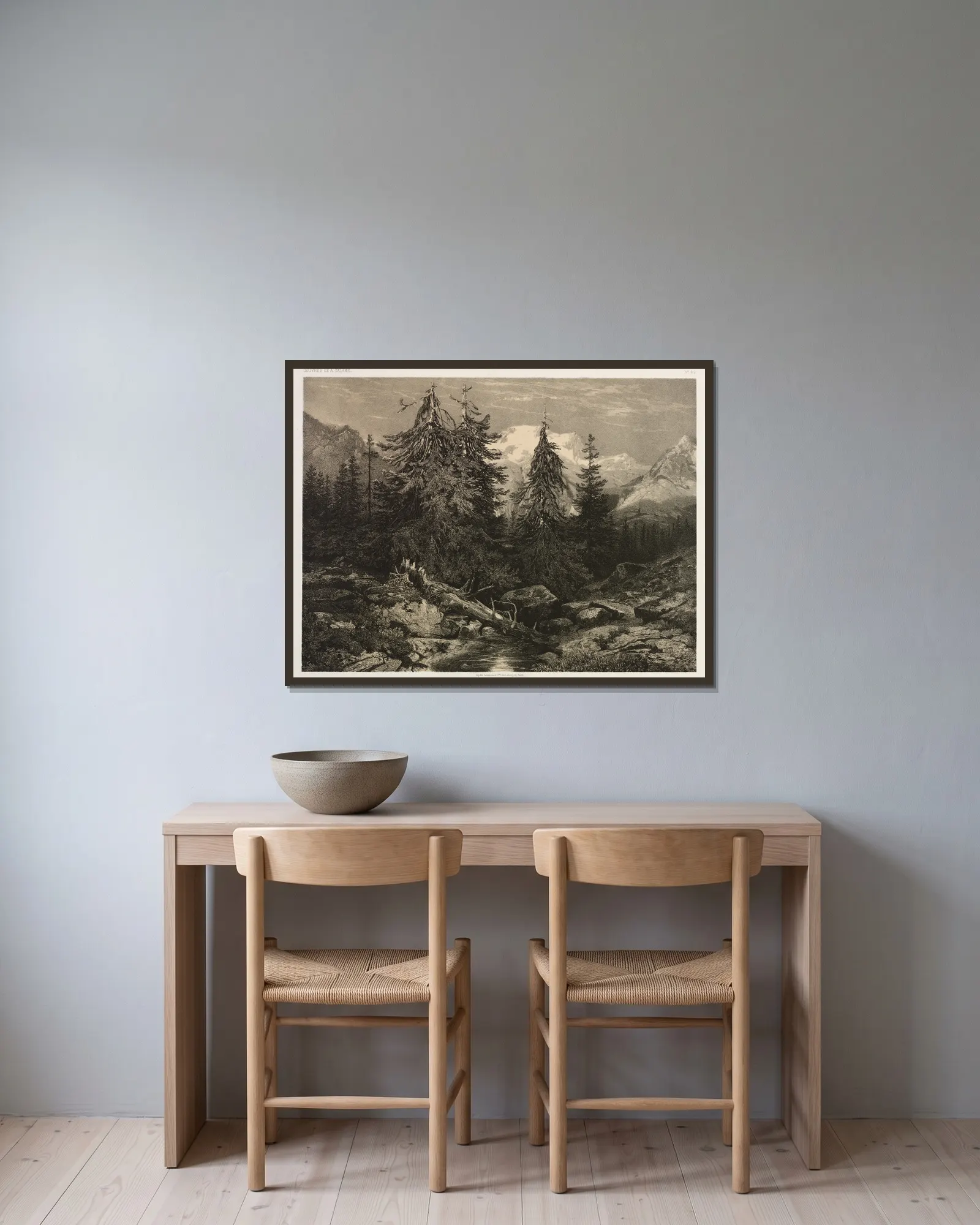 Alpine Stream av Alexandre Calame inramad på en vägg