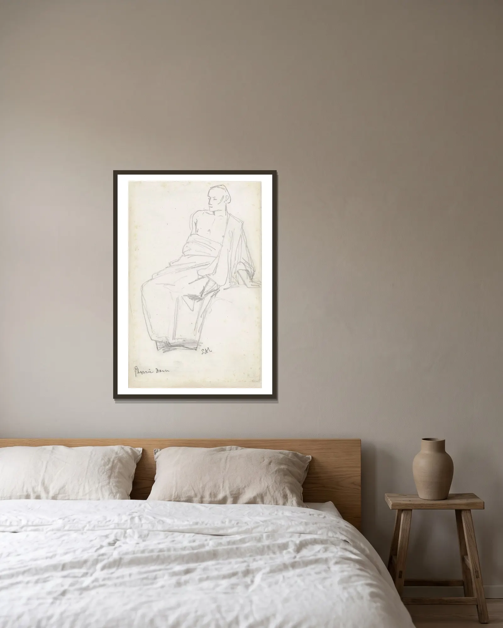 Studie van een zittende figuur av Lawrence Alma-Tadema inramad på en vägg