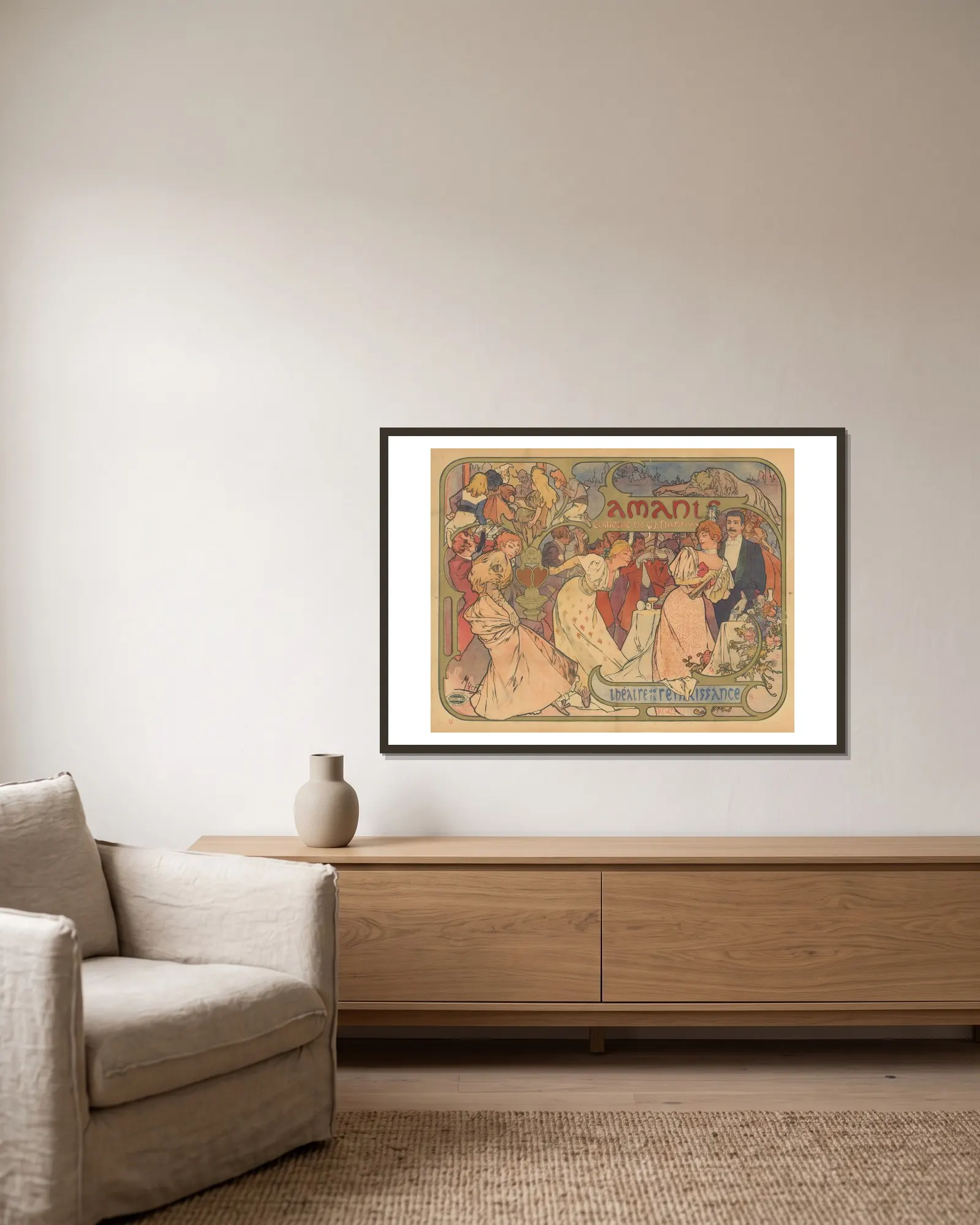 Amants, comédie de M. Donnay. Théatre de la Renaissance av Alphonse Mucha inramad på en vägg