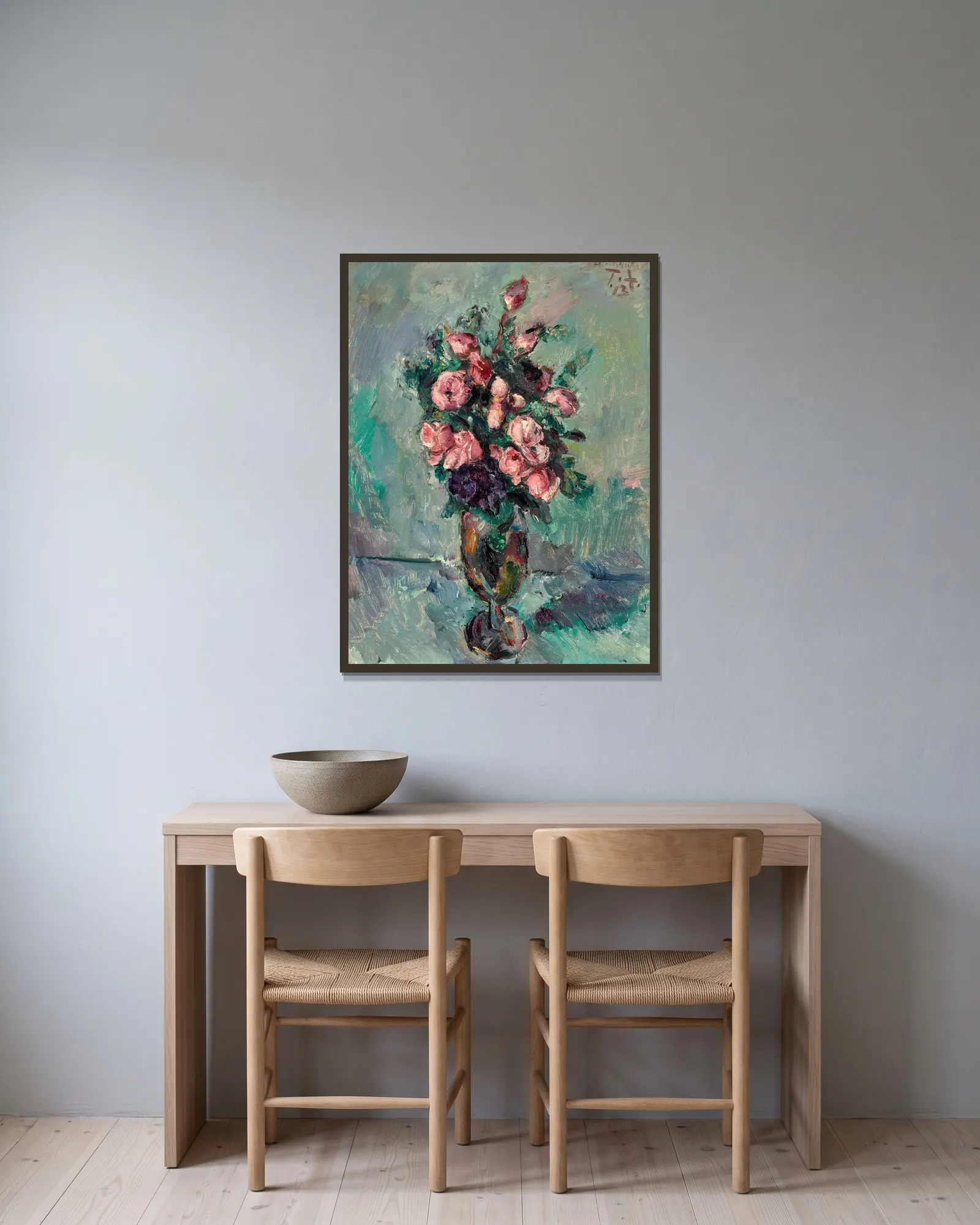 Hochzeitsrosen I av Anton Faistauer inramad på en vägg