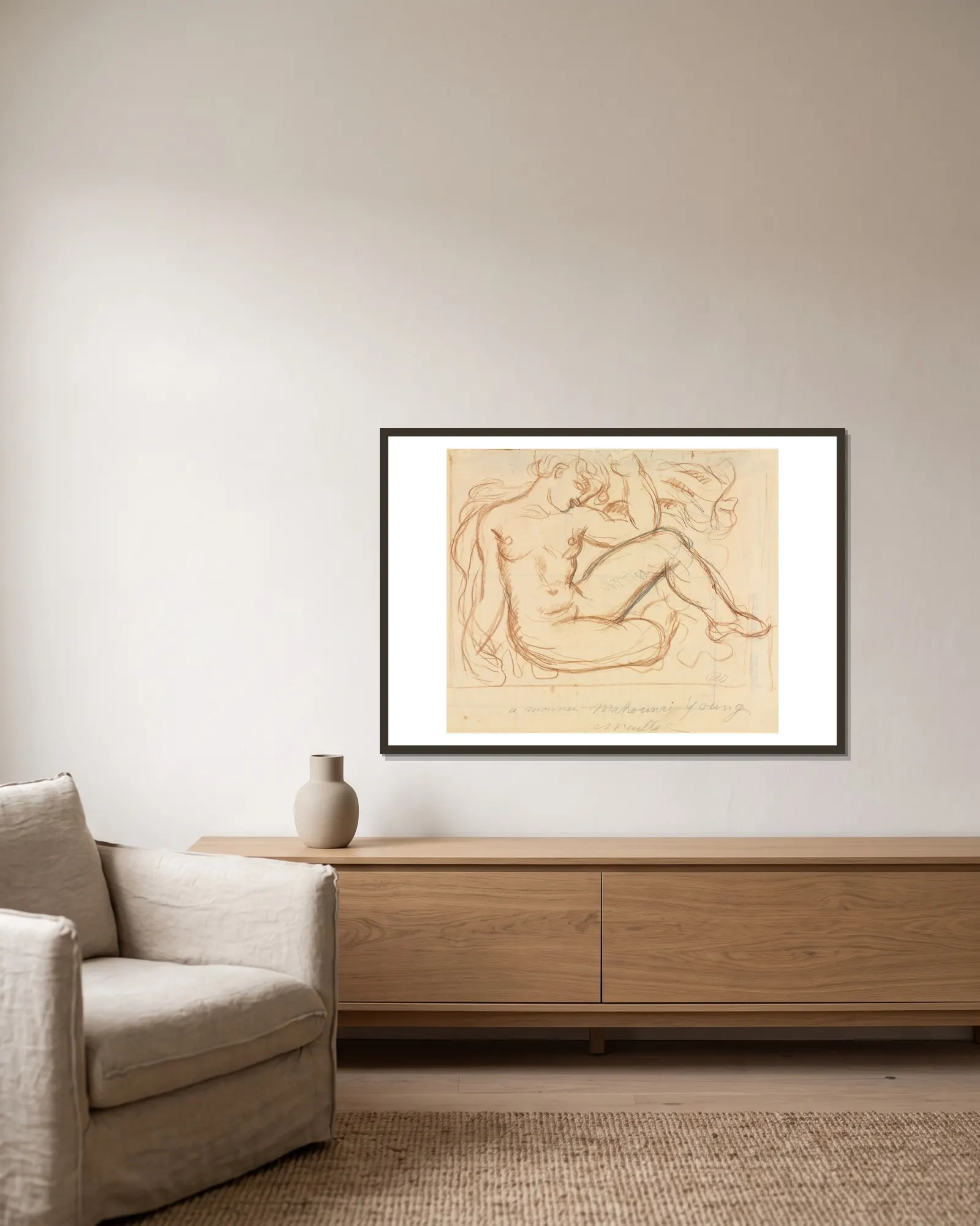Nude Study av Aristide Maillol inramad på en vägg