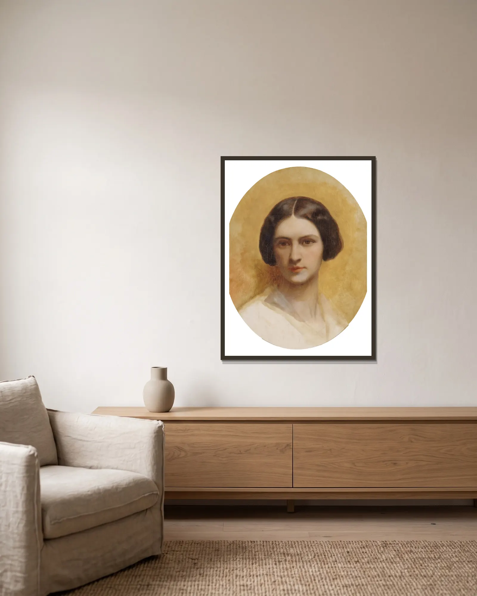 Portrait de Cornélia Marjolin-Scheffer av Ary Scheffer inramad på en vägg