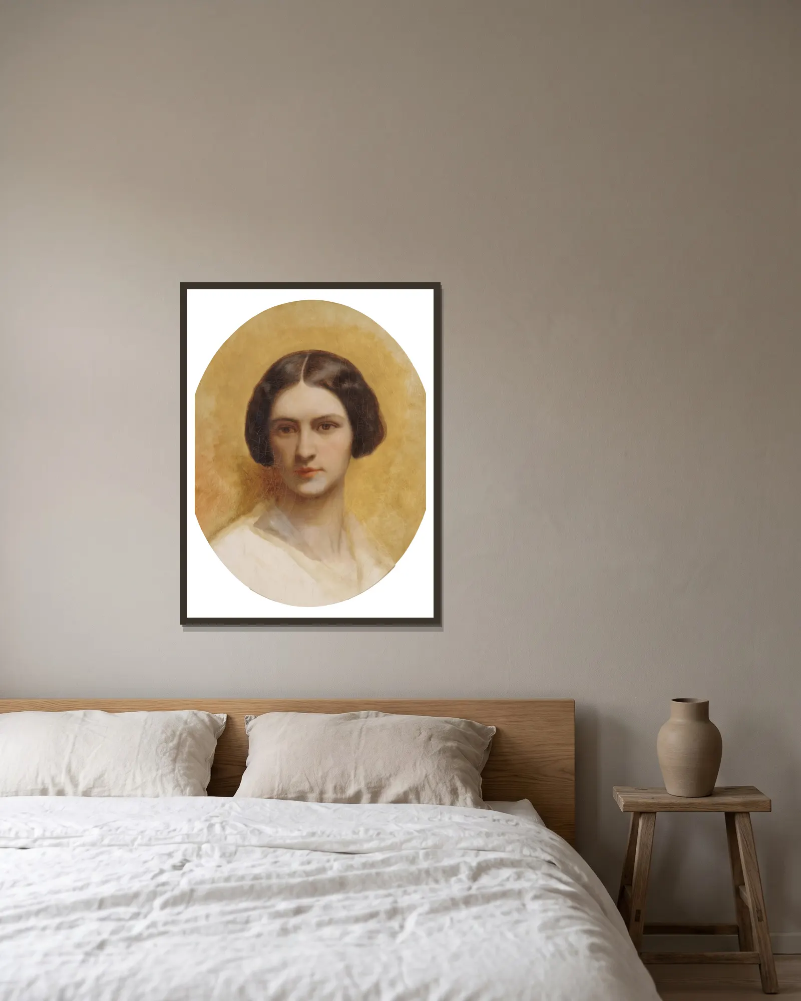 Portrait de Cornélia Marjolin-Scheffer av Ary Scheffer inramad på en vägg