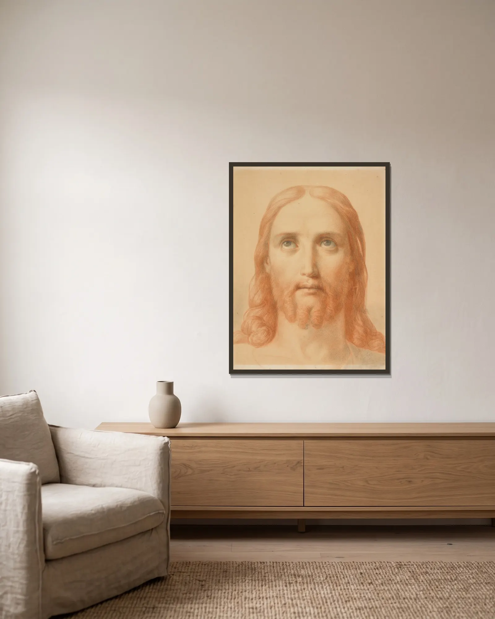 Study For Christus Consolator av Ary Scheffer inramad på en vägg