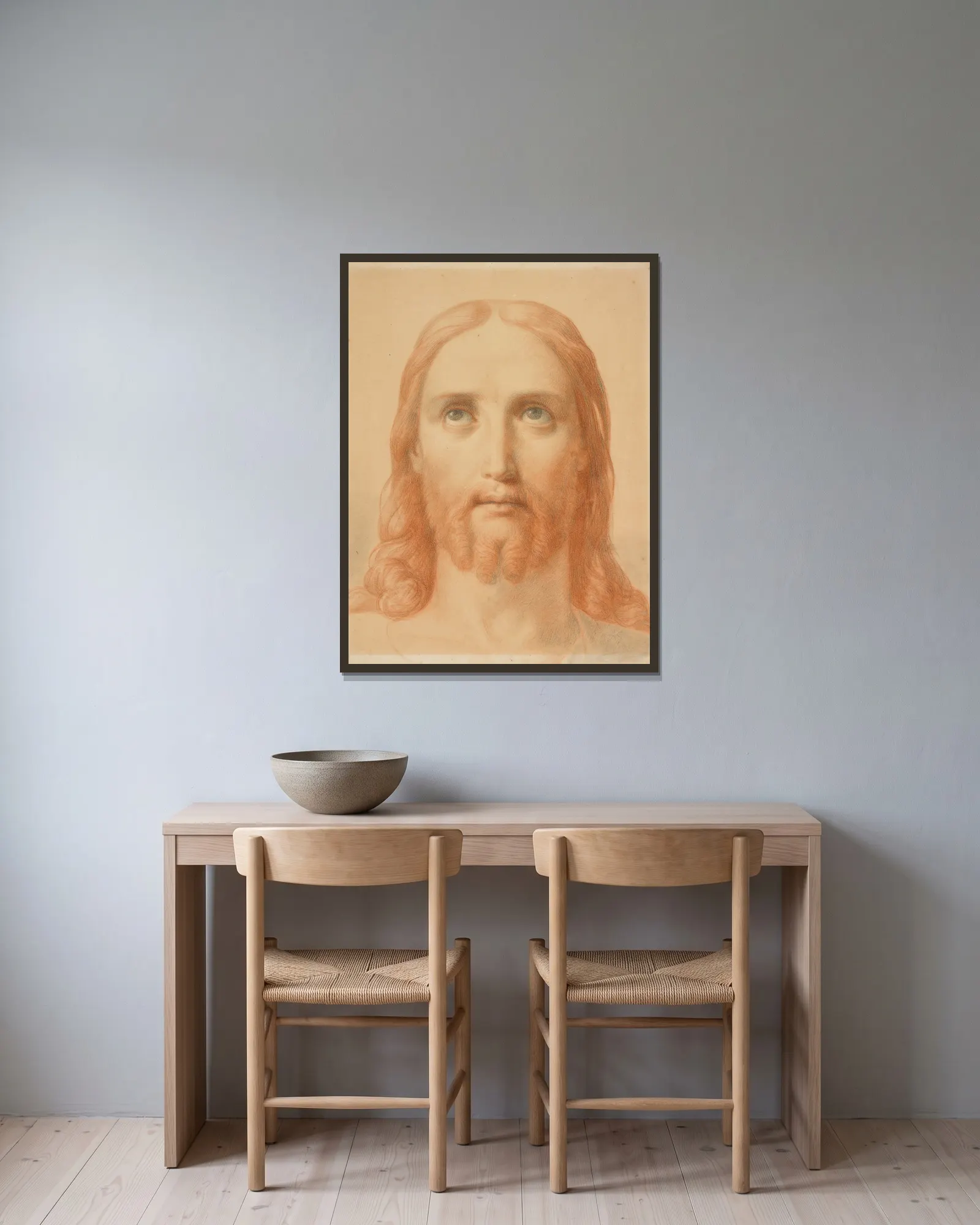Study For Christus Consolator av Ary Scheffer inramad på en vägg