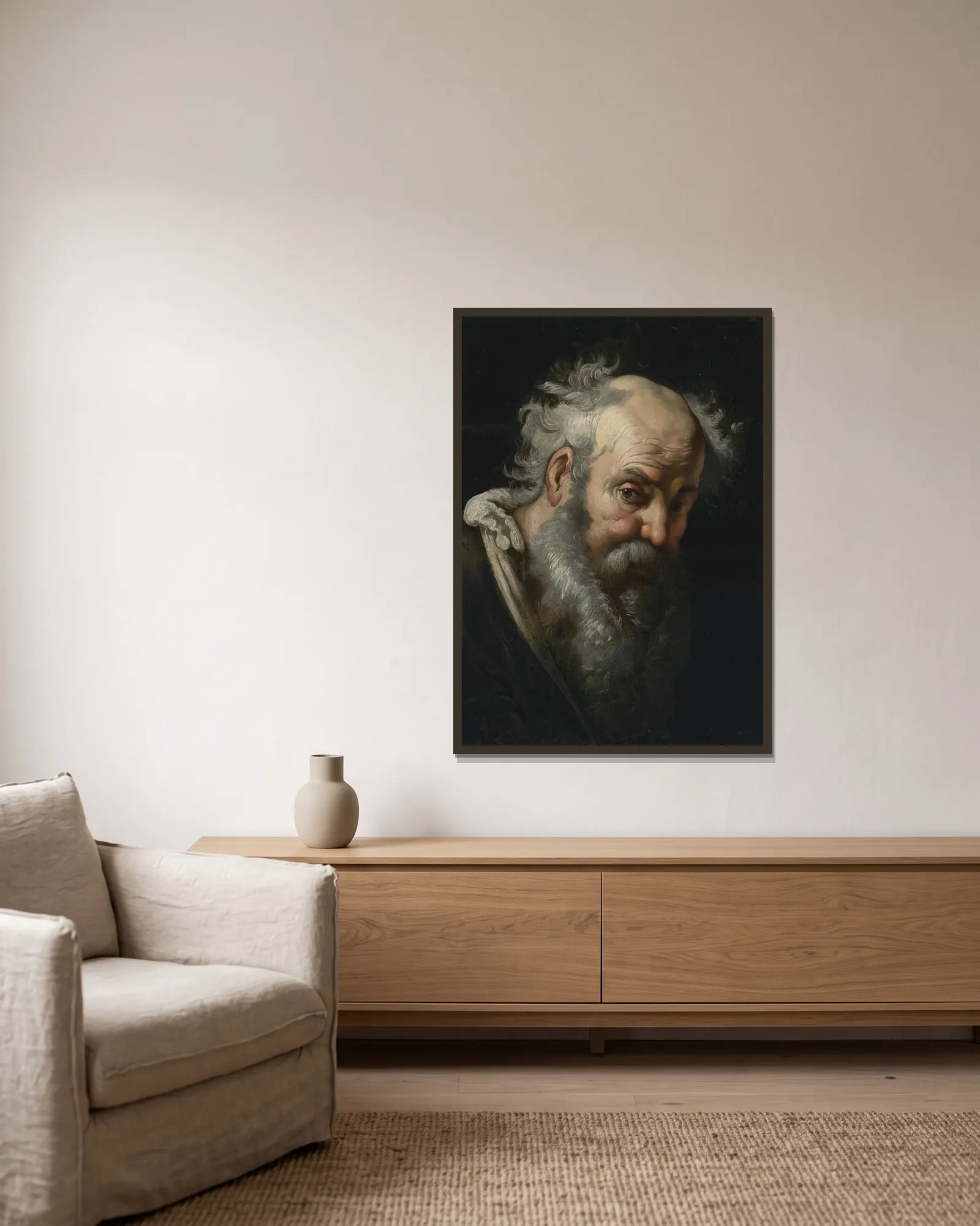 Head Of A Bearded Man av Bernardo Strozzi inramad på en vägg