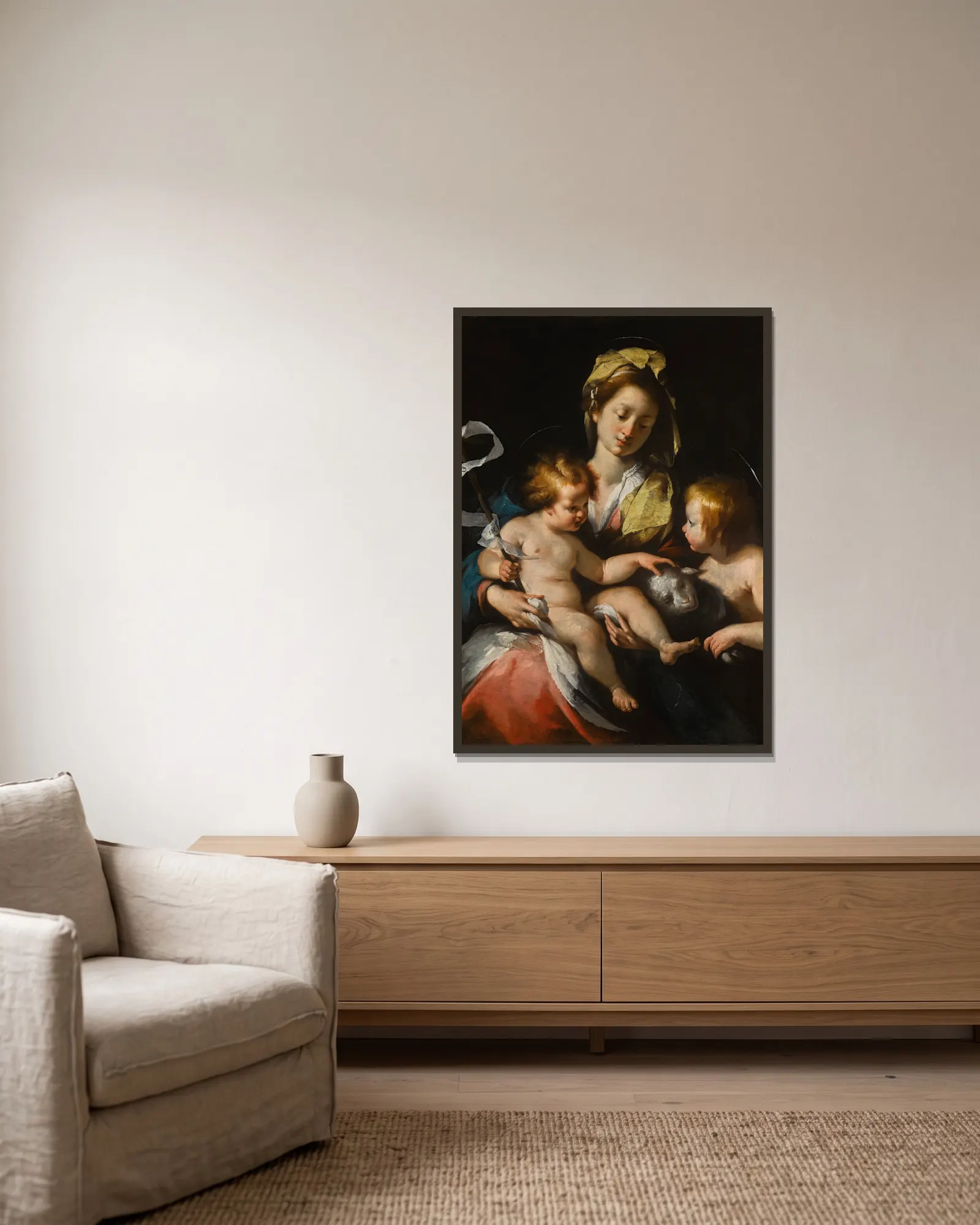 Madonna And Child With The Infant Saint John The Baptist av Bernardo Strozzi inramad på en vägg