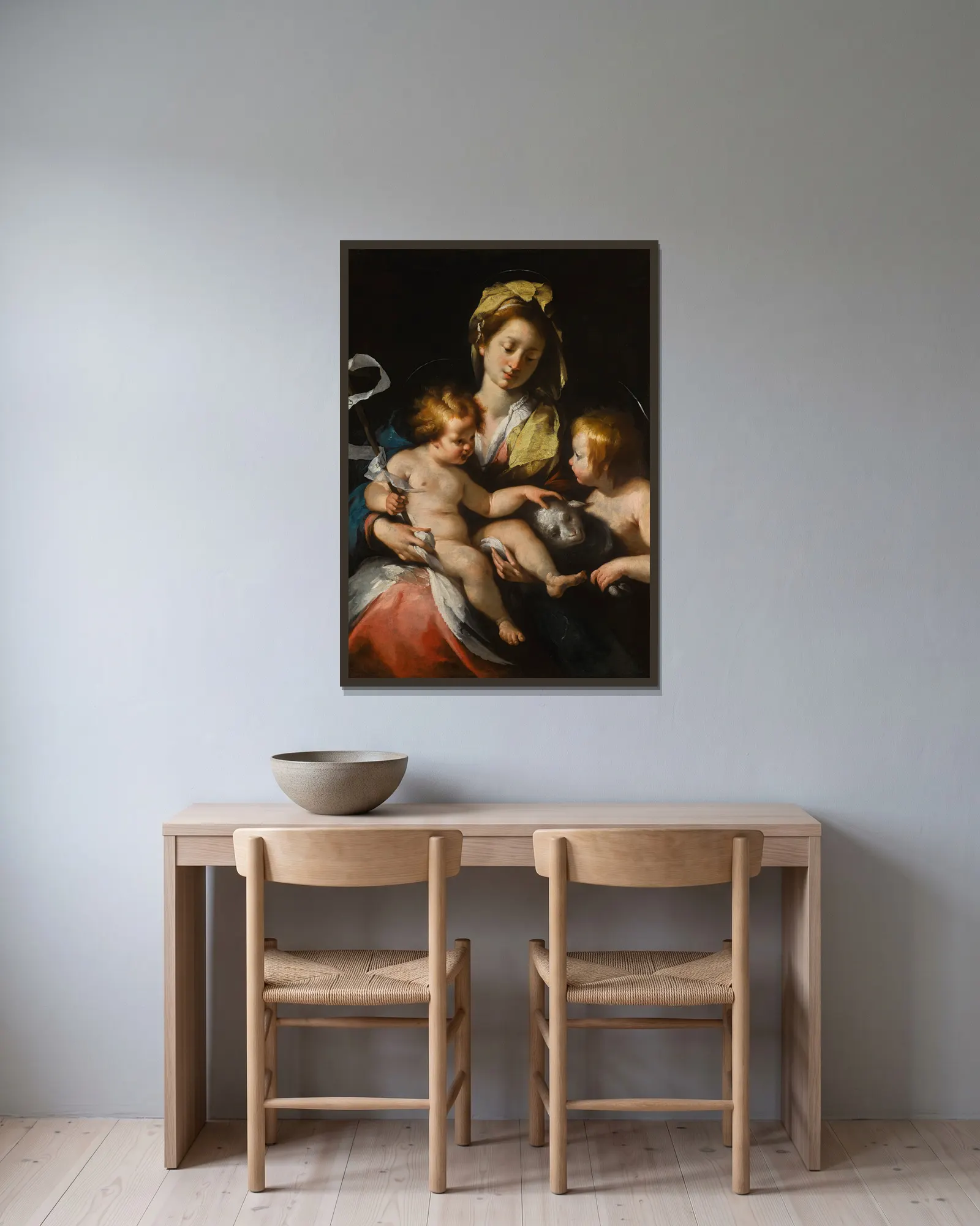 Madonna And Child With The Infant Saint John The Baptist av Bernardo Strozzi inramad på en vägg