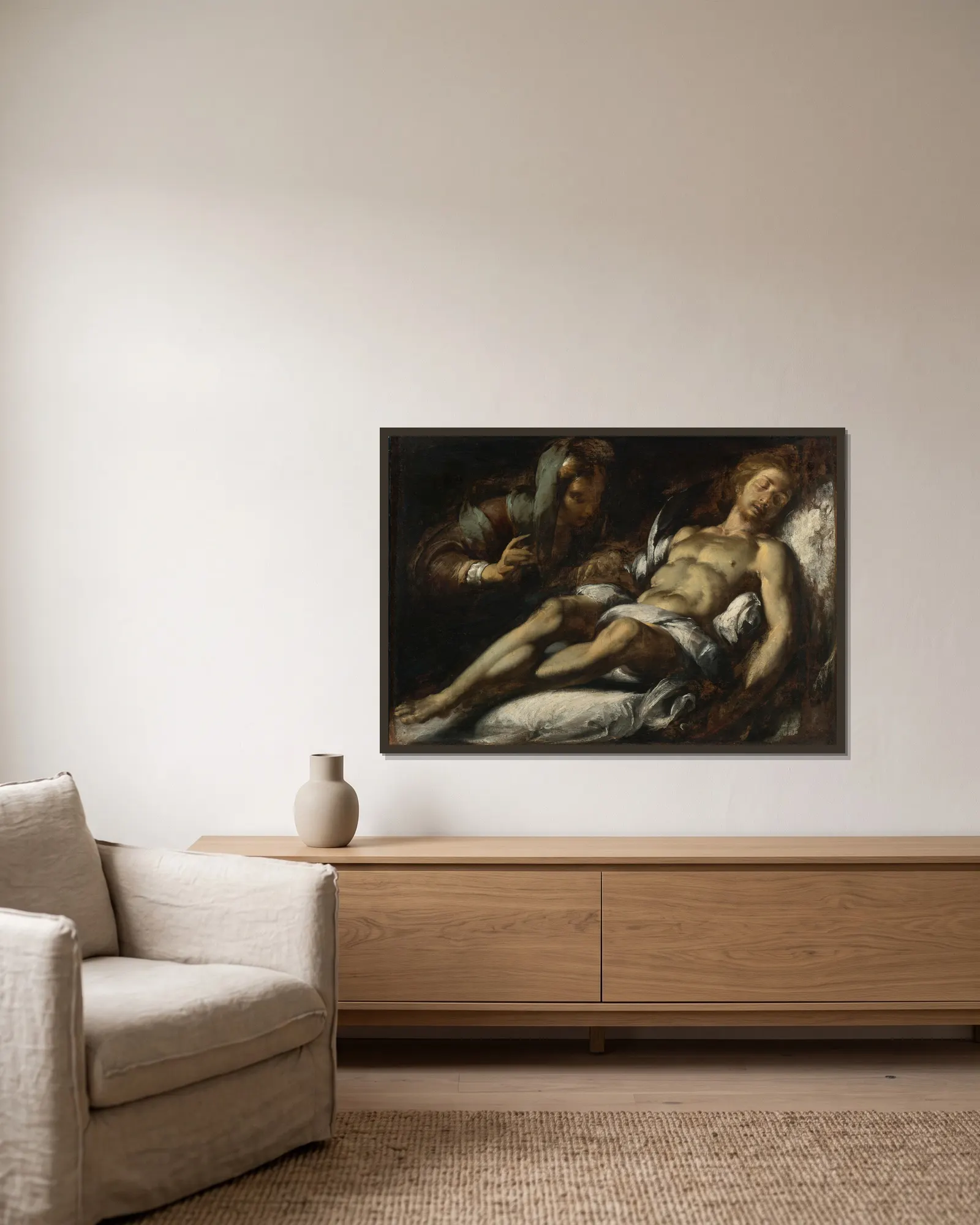 Pietá av Bernardo Strozzi inramad på en vägg