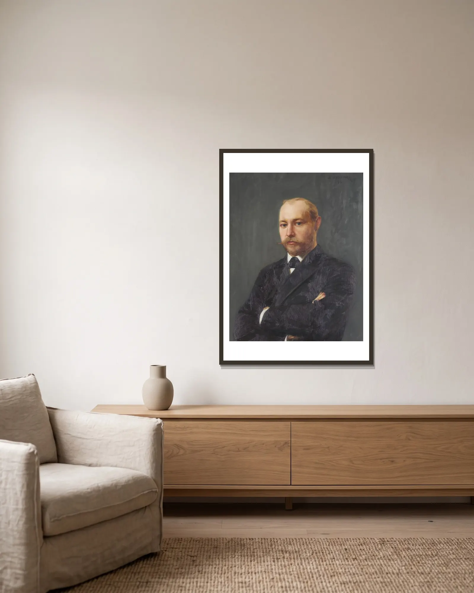 Portrait of John Jäderström (1861-1918) av Bernhard Österman inramad på en vägg