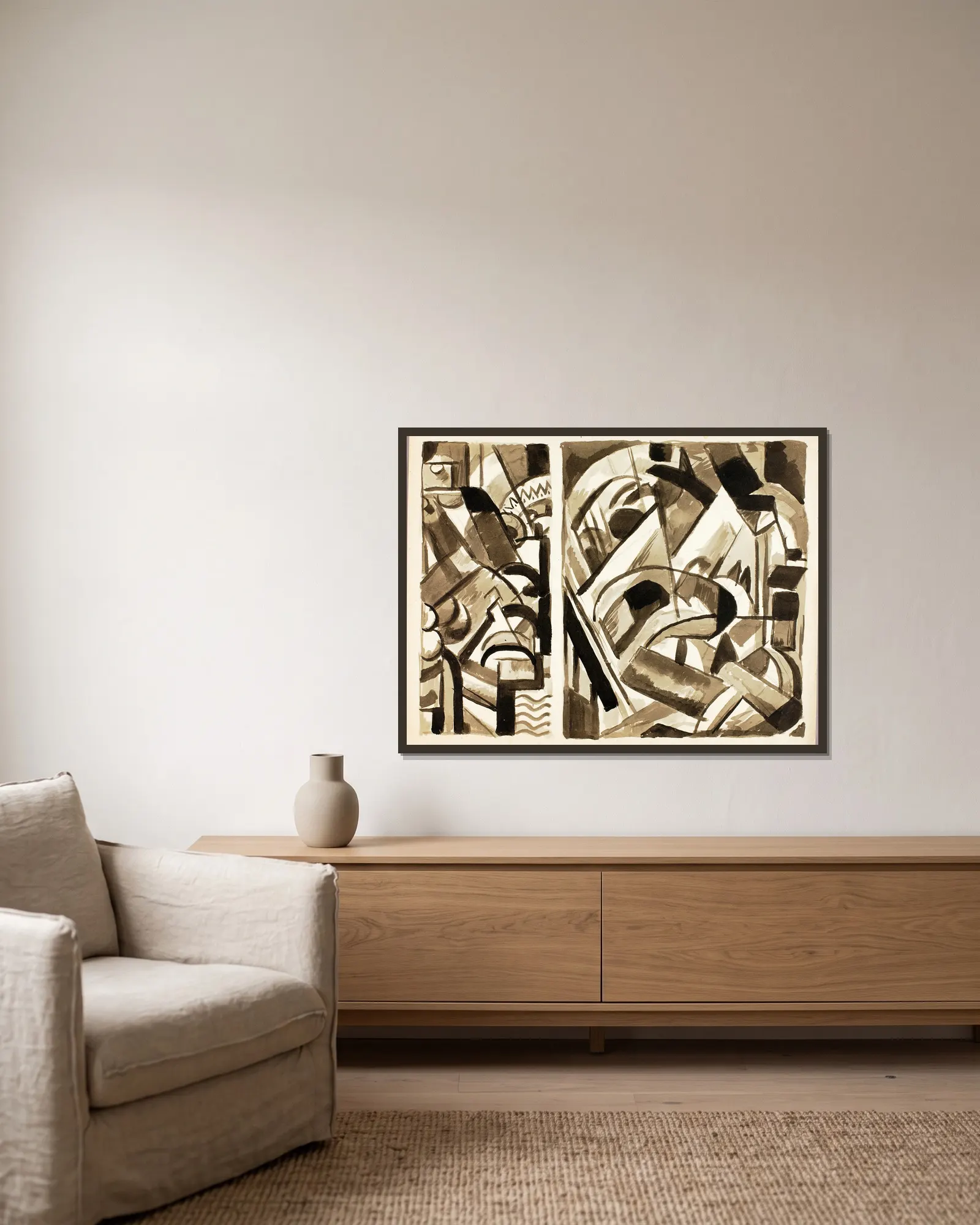 Abstract III av Carl Newman inramad på en vägg