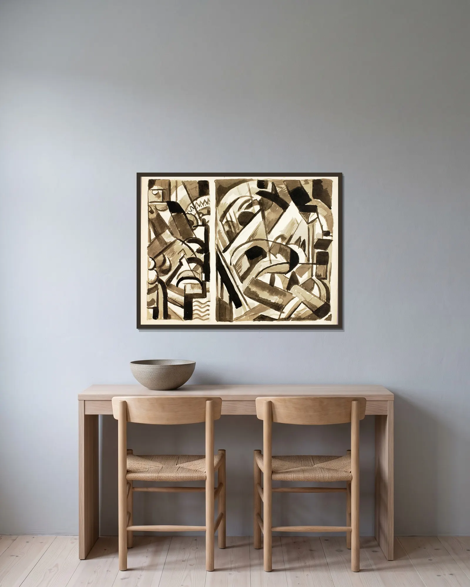 Abstract III av Carl Newman inramad på en vägg