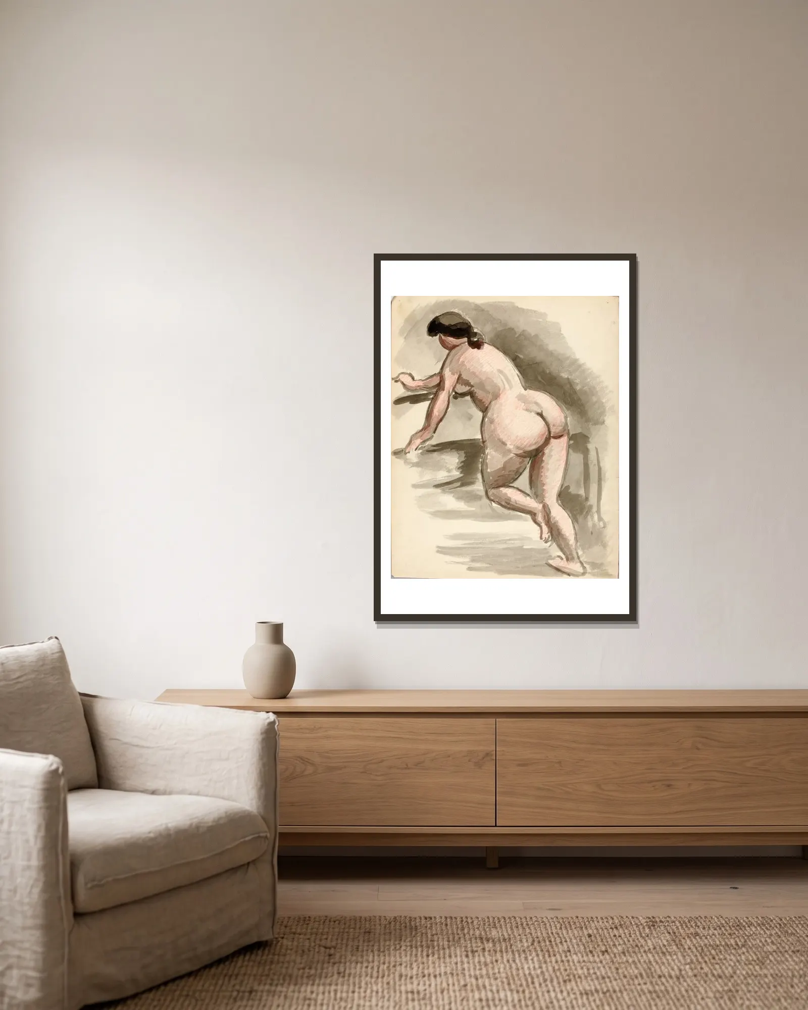 Female Nude Leaning on Left Knee av Carl Newman inramad på en vägg