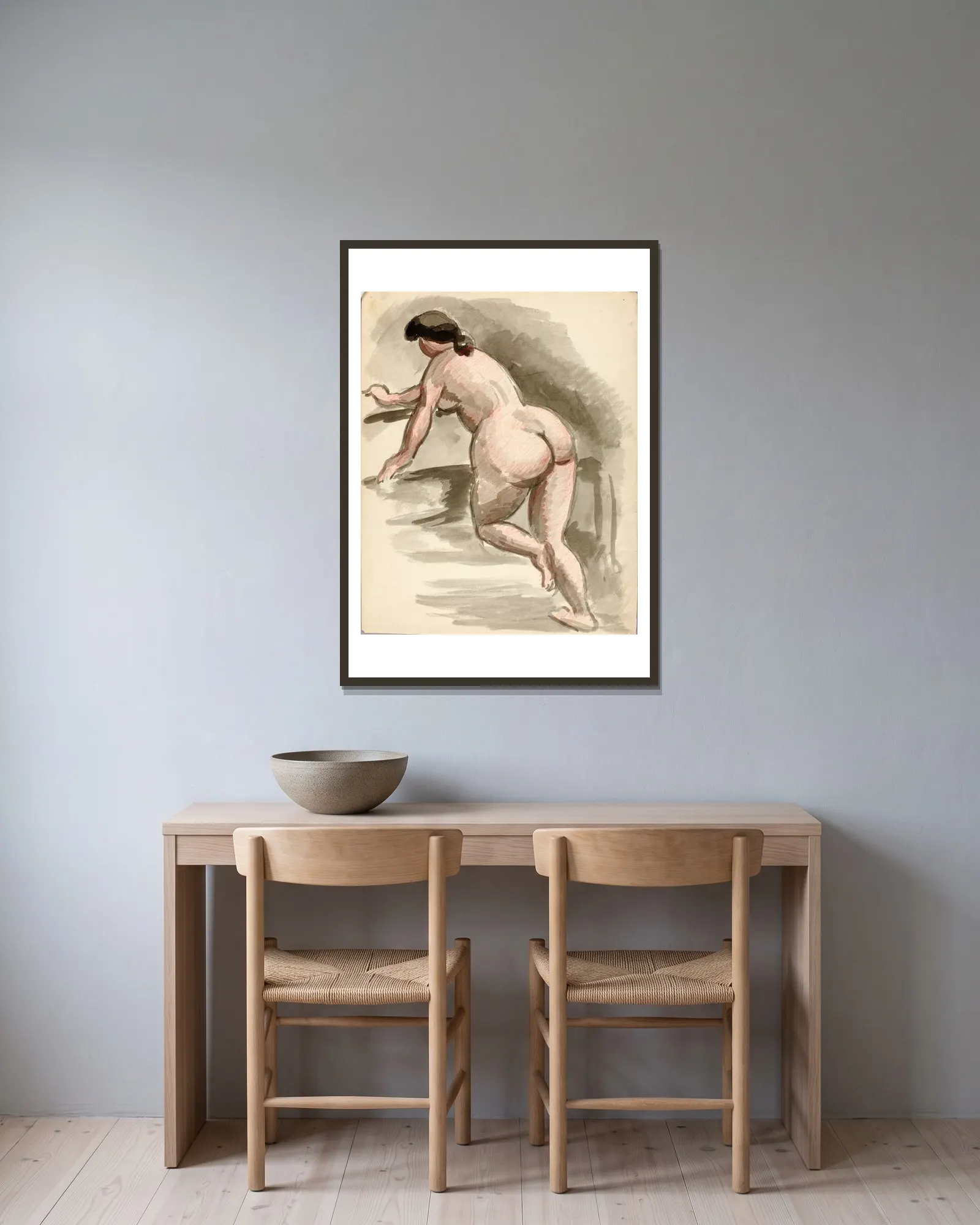 Female Nude Leaning on Left Knee av Carl Newman inramad på en vägg