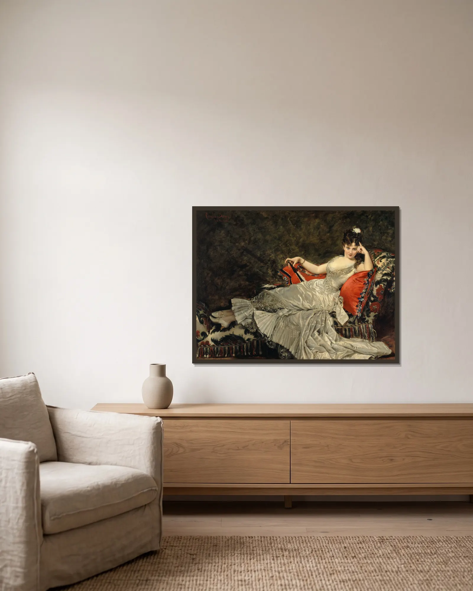Portrait de Mademoiselle de Lancey av Carolus-Duran inramad på en vägg