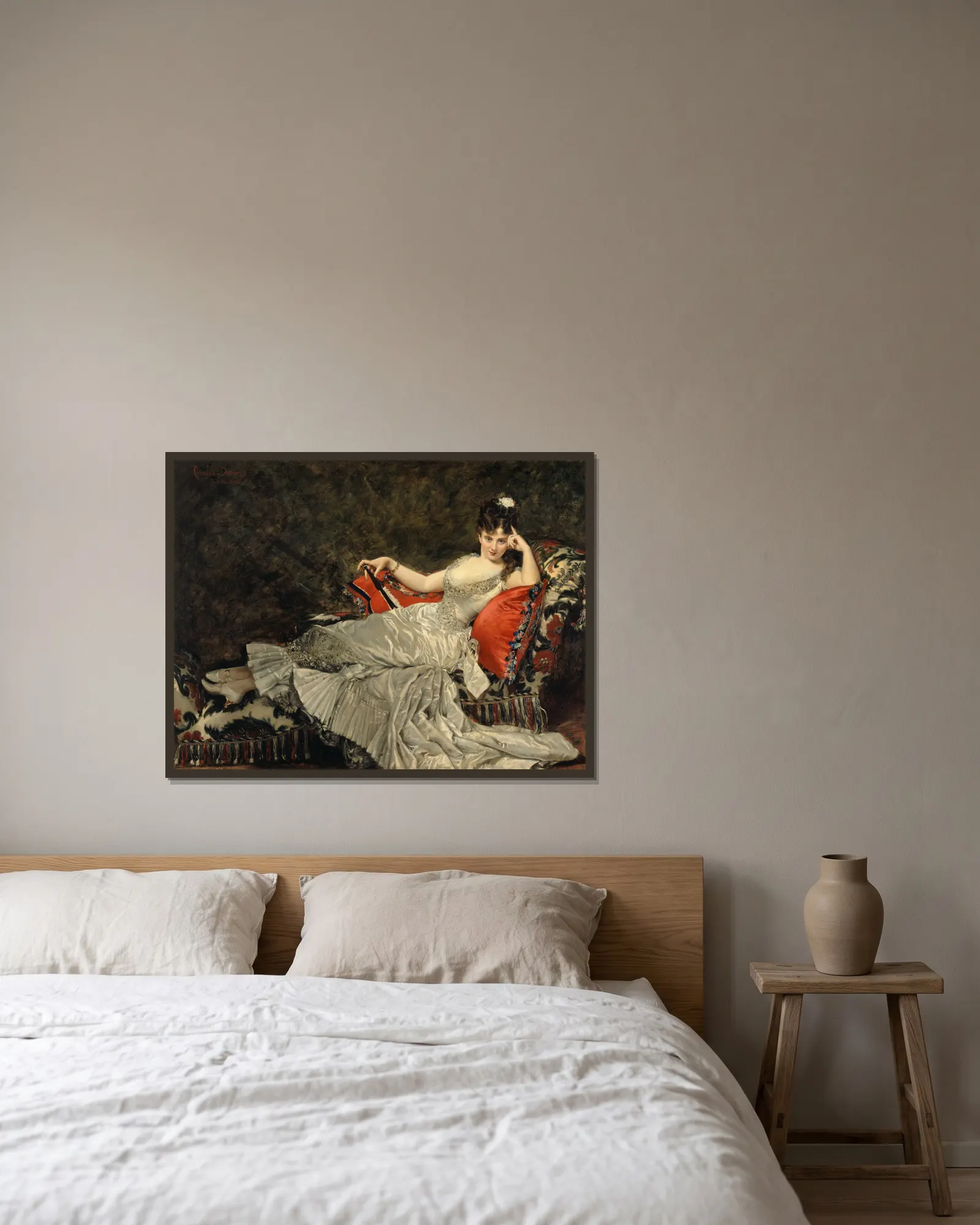 Portrait de Mademoiselle de Lancey av Carolus-Duran inramad på en vägg