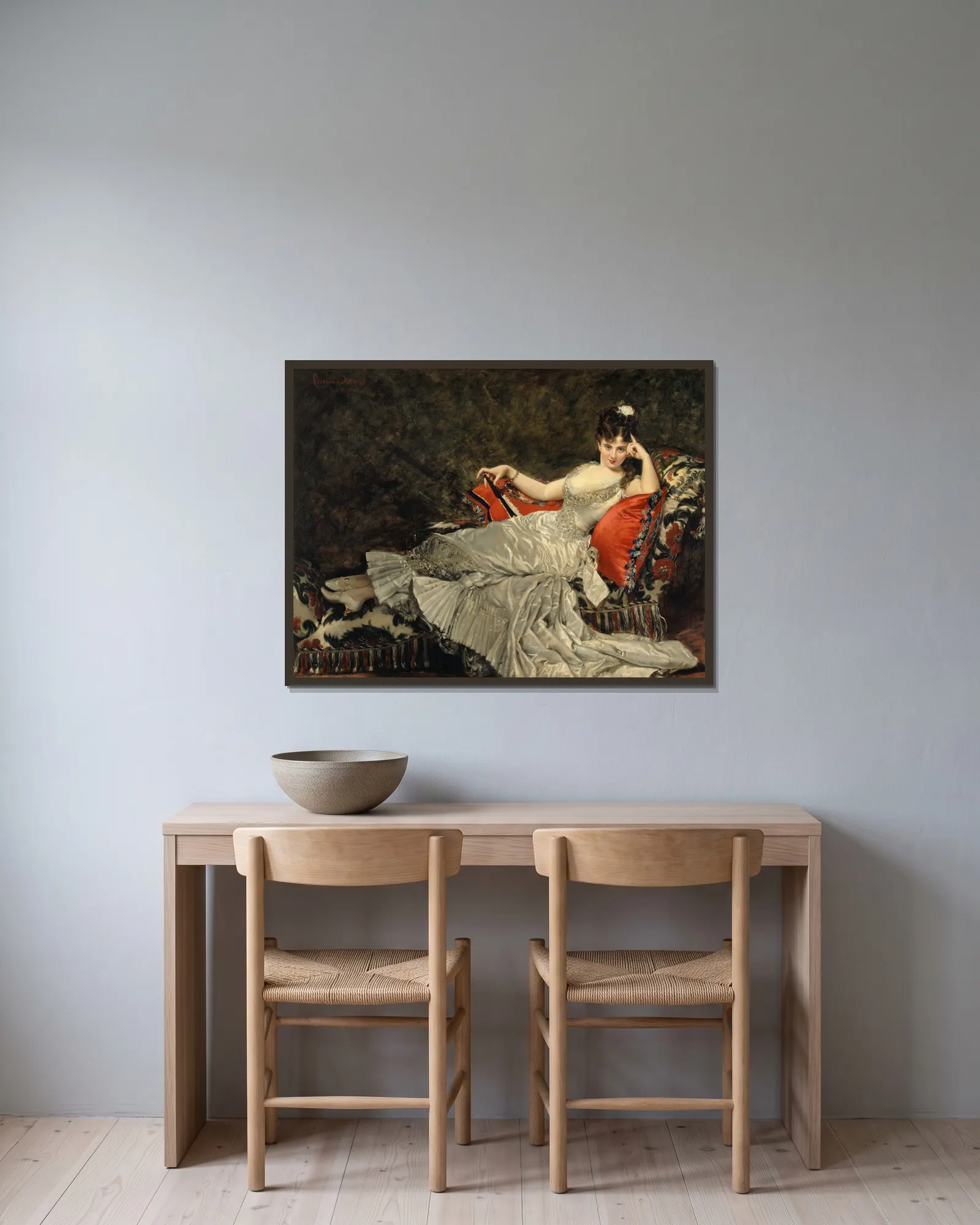 Portrait de Mademoiselle de Lancey av Carolus-Duran inramad på en vägg