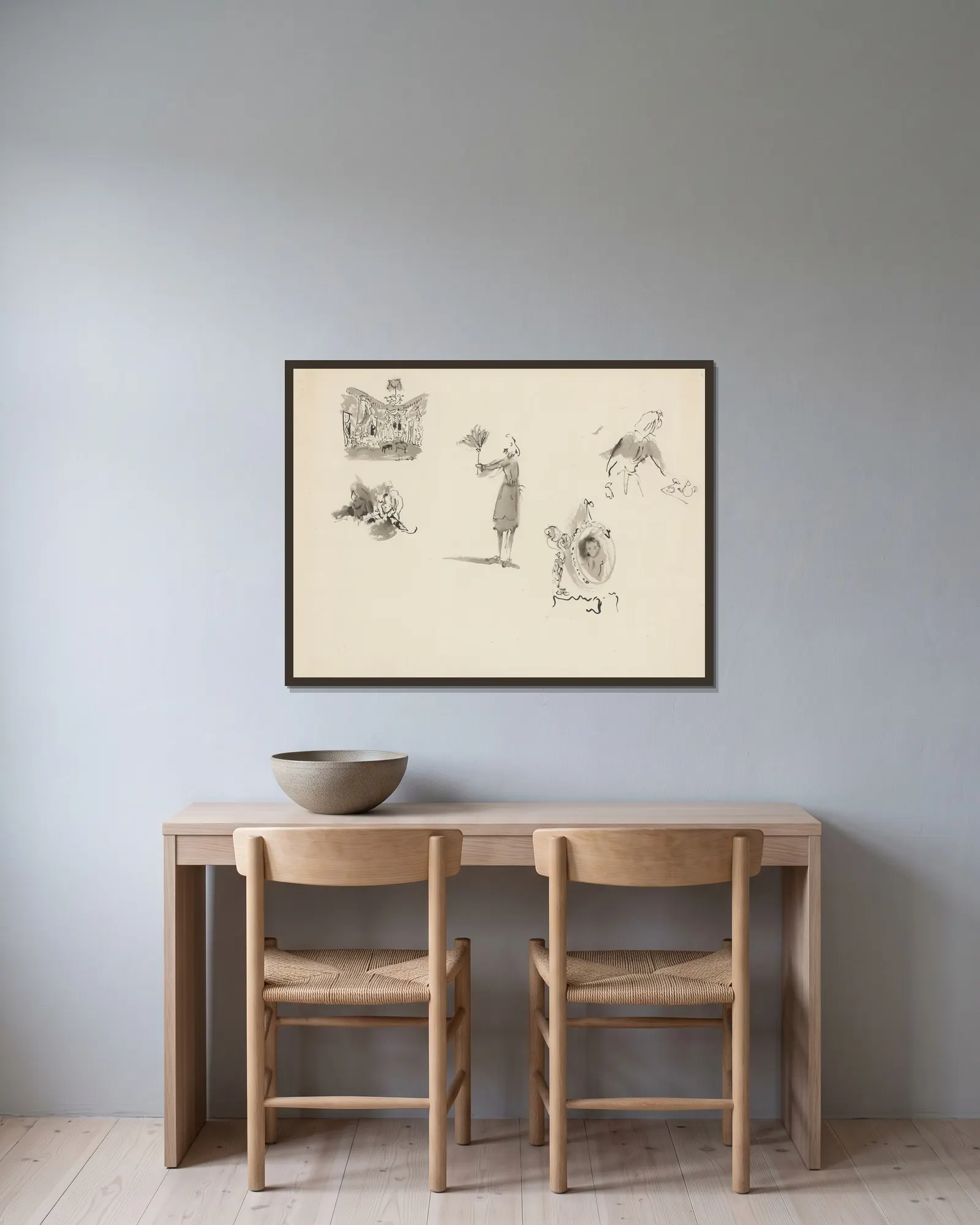 Les Bonnes – maquette de décor – planche – un décor, trois esquisses costumes bonne, portrait de Monsieur av Christian Bérard inramad på en vägg