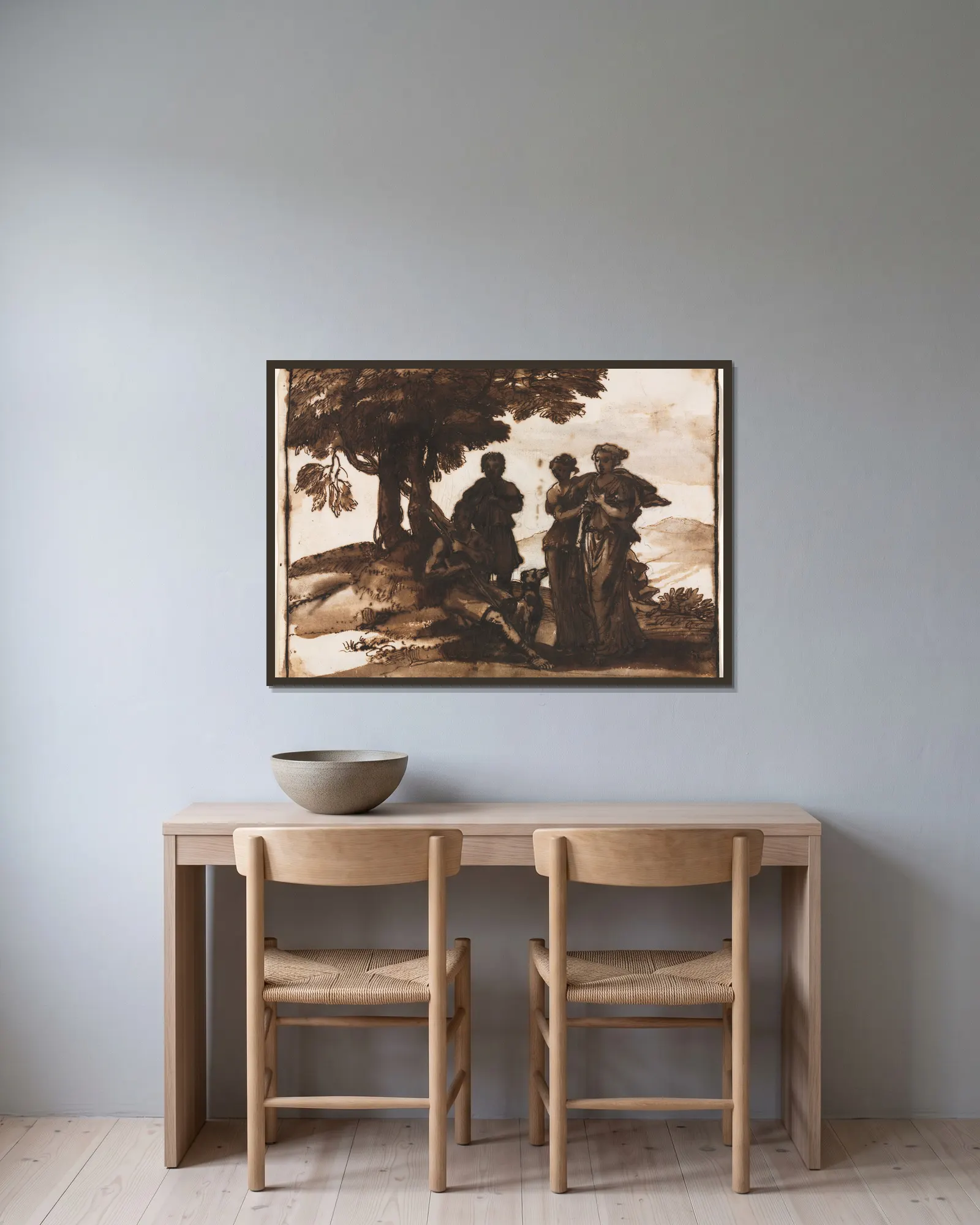 Pastoral Scene with Classical Figures av Claude Lorrain inramad på en vägg