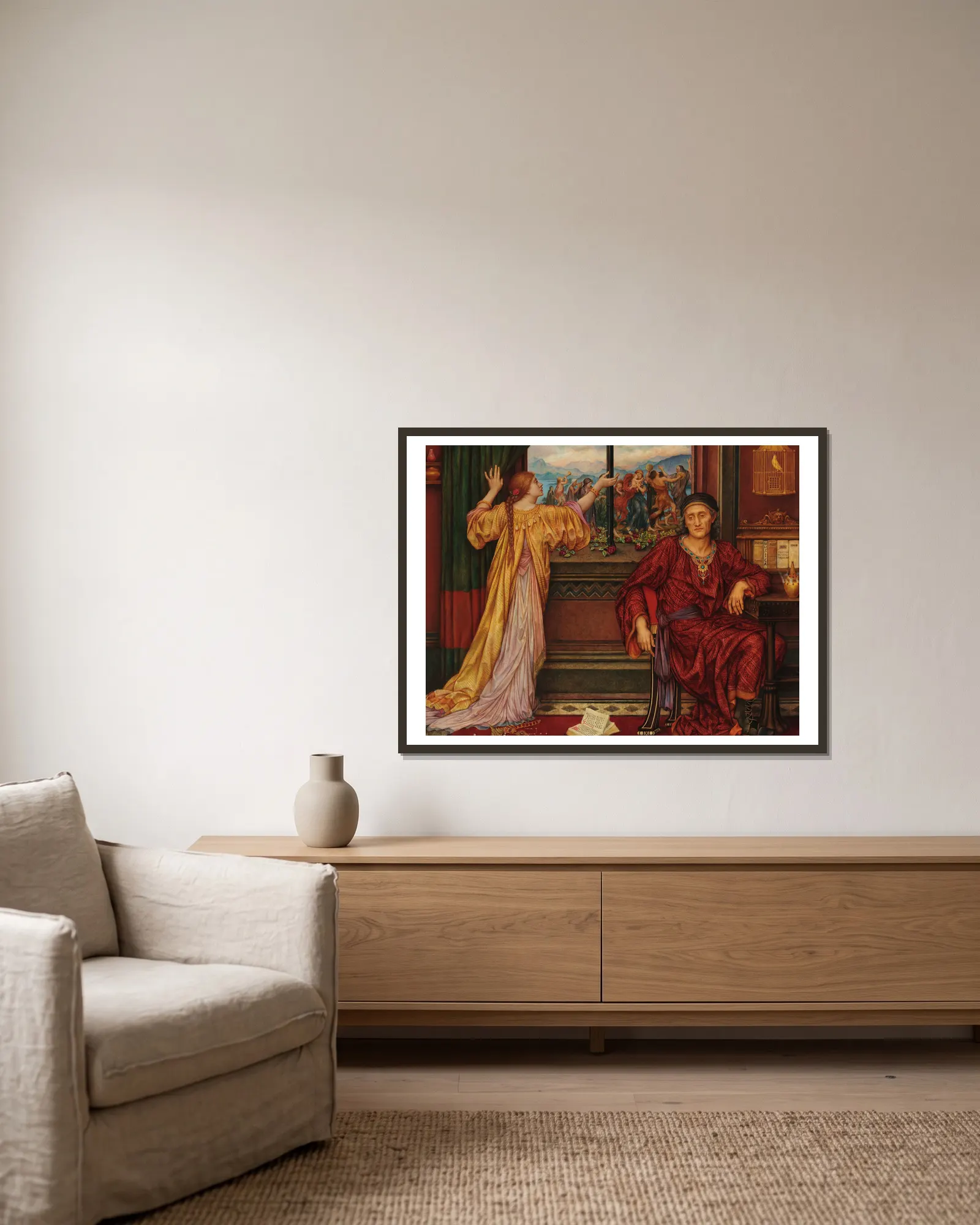 The Gilded Cage av Evelyn De Morgan inramad på en vägg