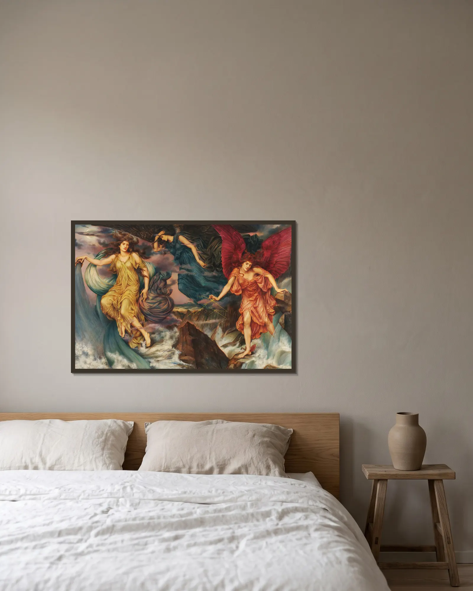 The Storm Spirits av Evelyn De Morgan inramad på en vägg