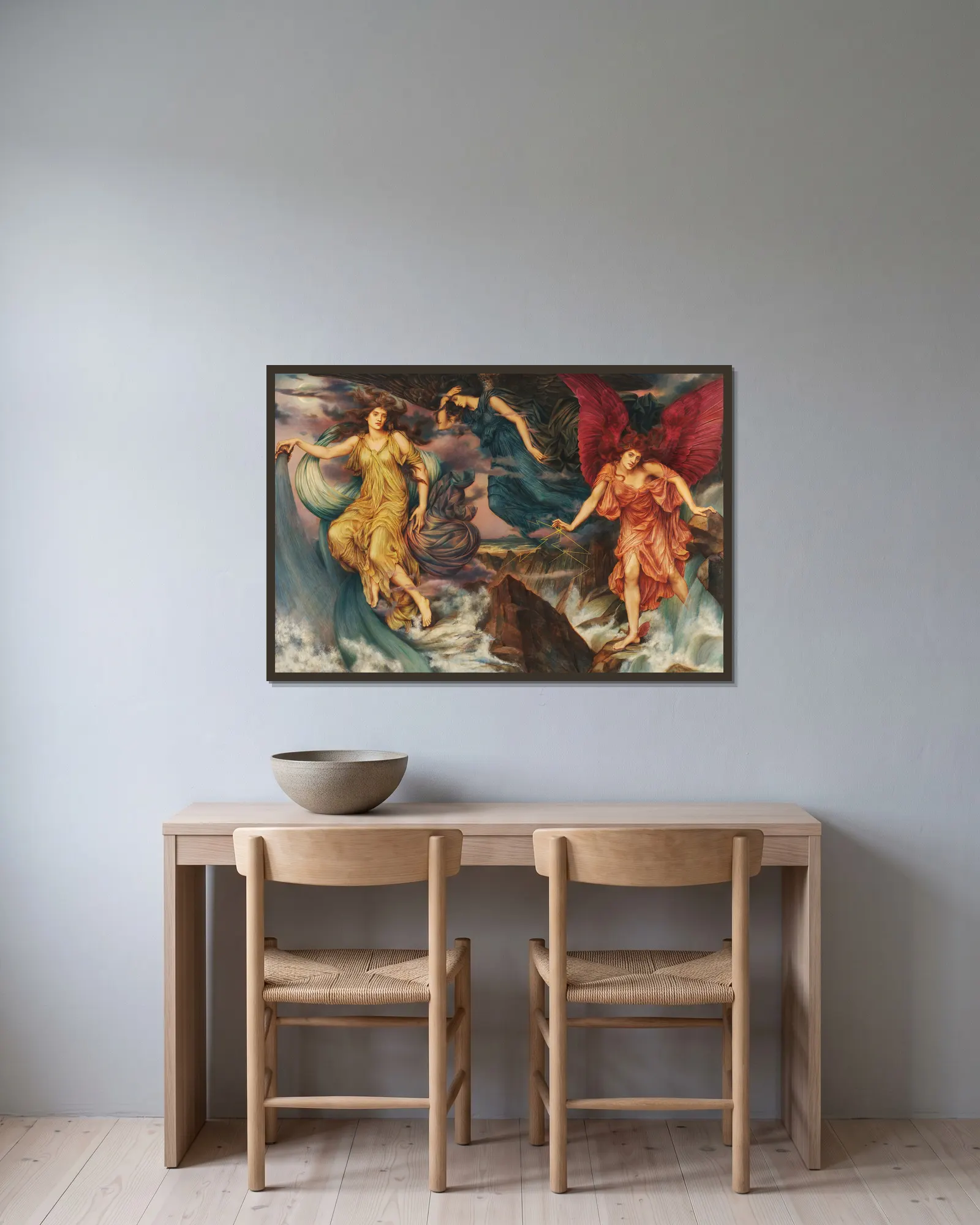The Storm Spirits av Evelyn De Morgan inramad på en vägg