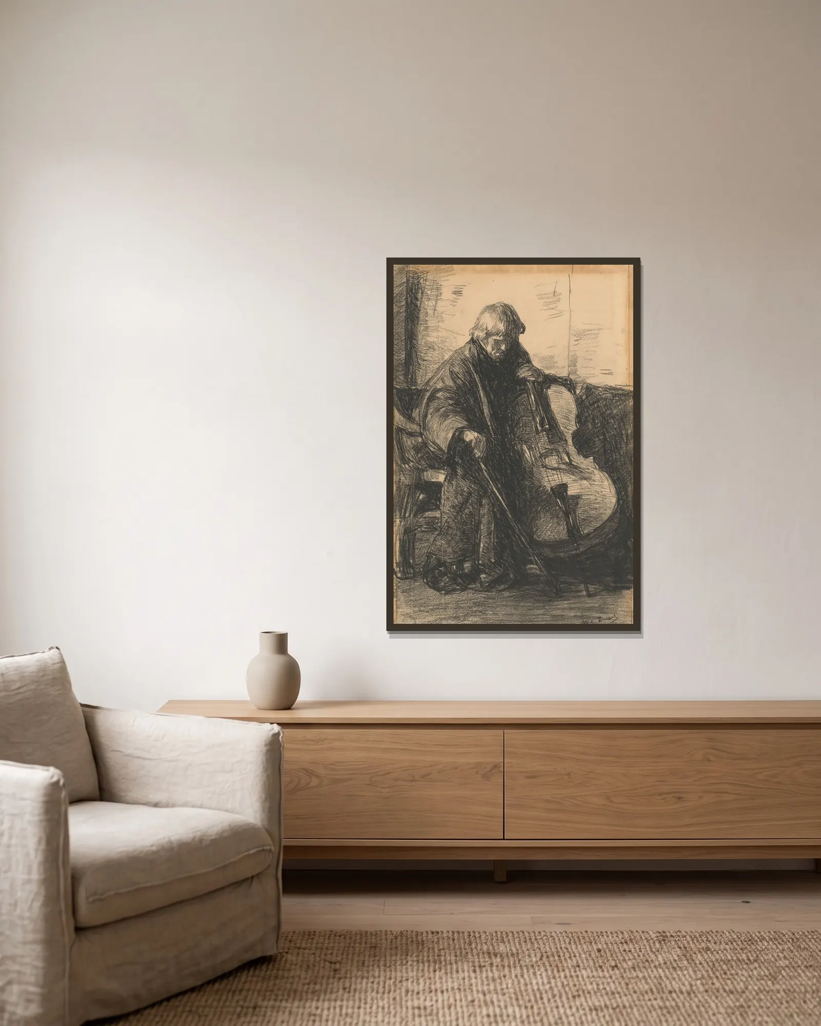 Cellist (20th century) av Willem de Zwart inramad på en vägg