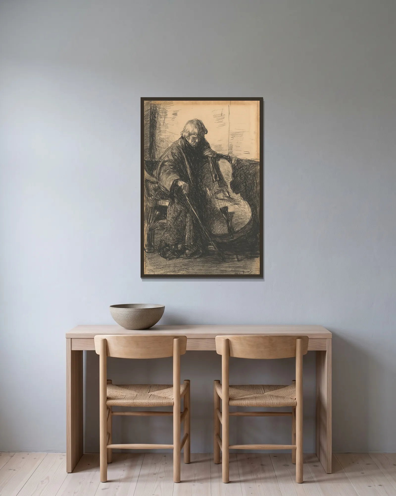 Cellist (20th century) av Willem de Zwart inramad på en vägg