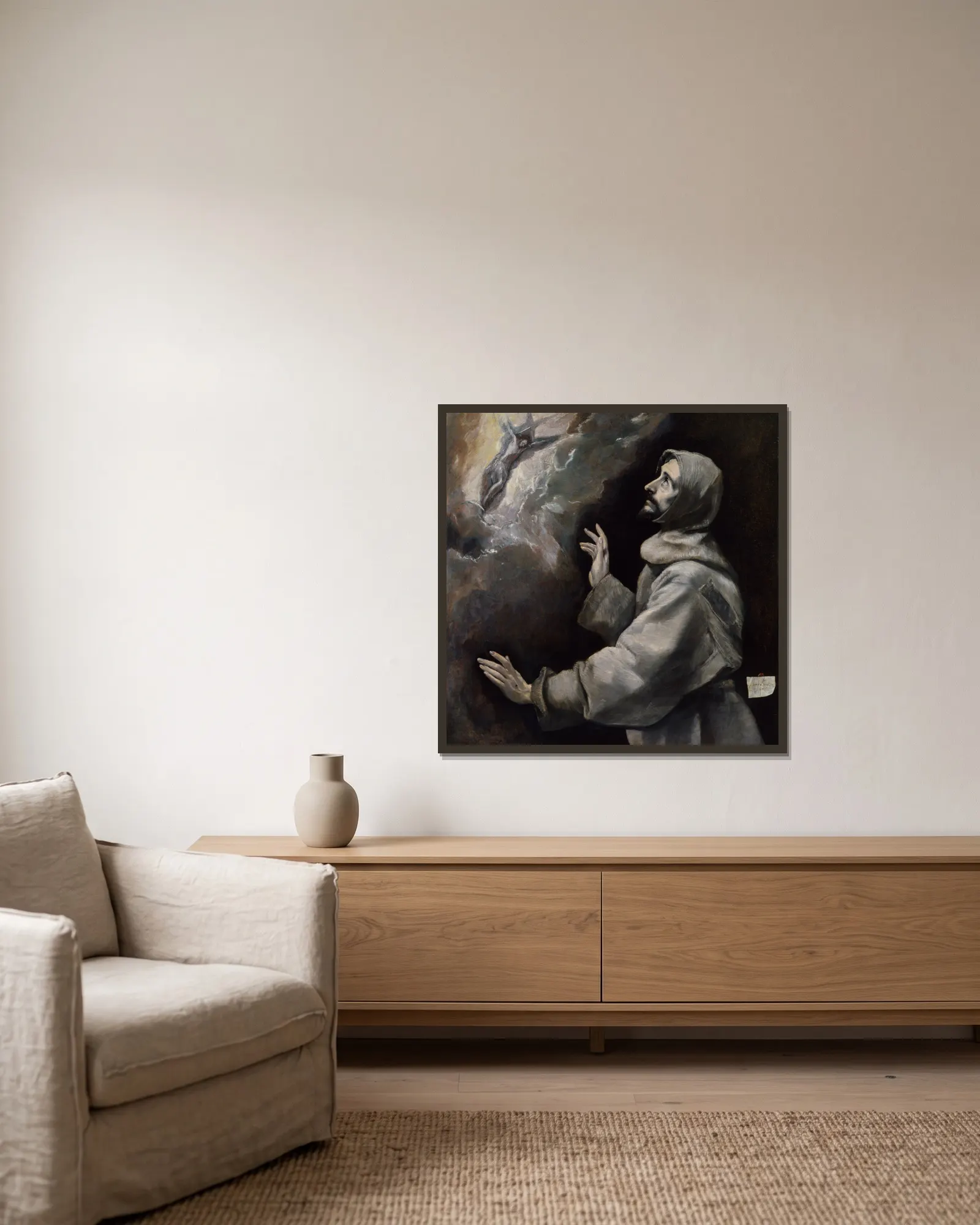Saint Francis Receiving The Stigmata av El Greco (Domenikos Theotokopoulos) inramad på en vägg