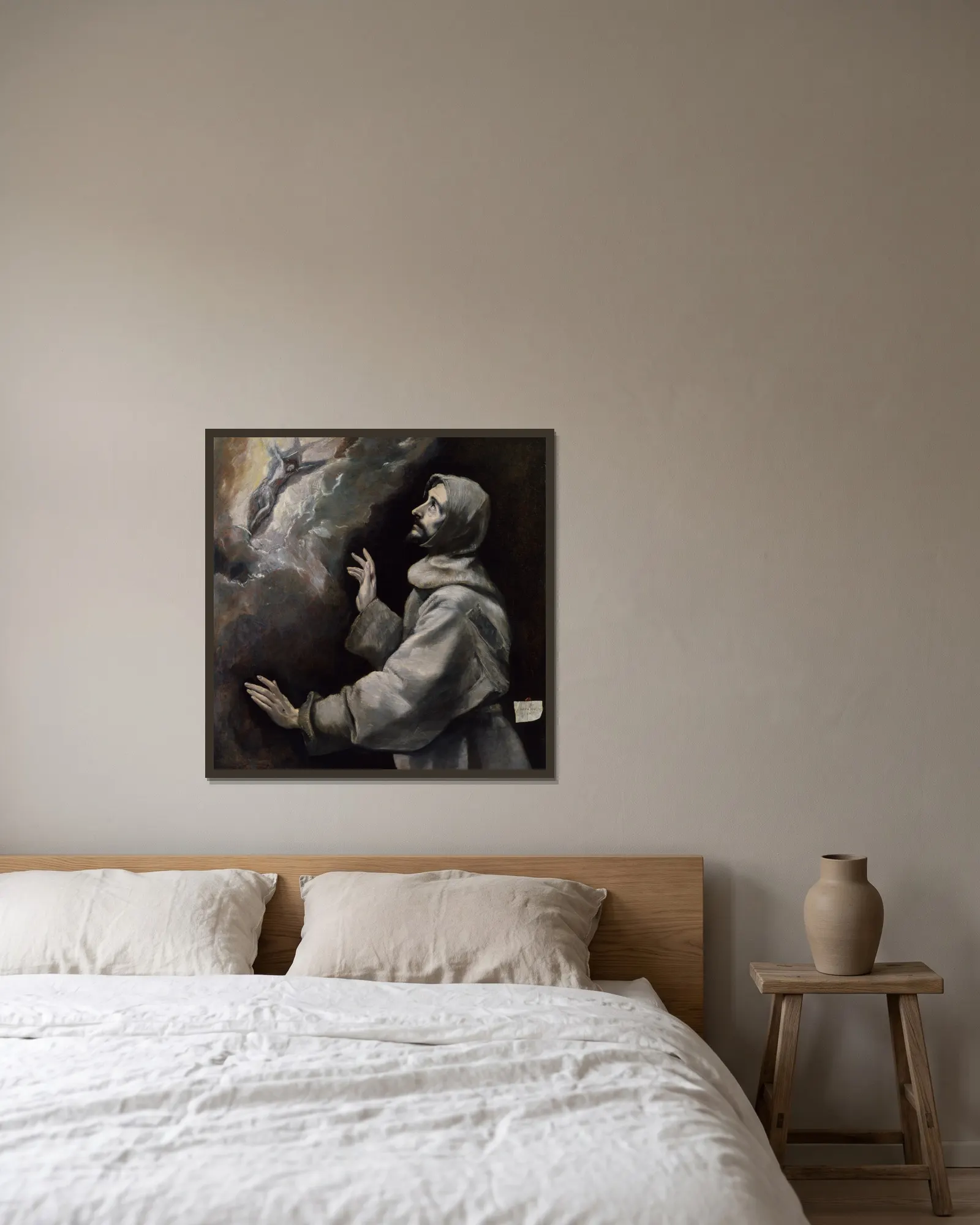 Saint Francis Receiving The Stigmata av El Greco (Domenikos Theotokopoulos) inramad på en vägg