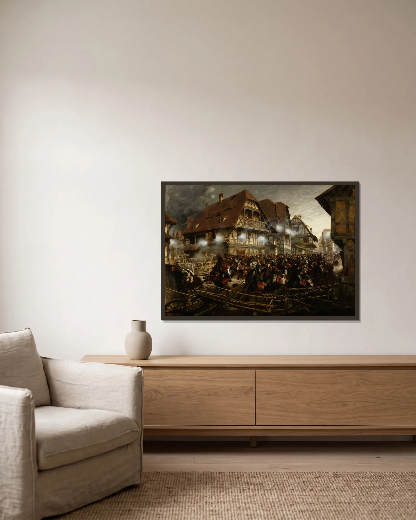 Charge du 9e régiment de cuirassiers dans le village de Morsbronn av Jean-Baptiste Édouard Detaille inramad på en vägg