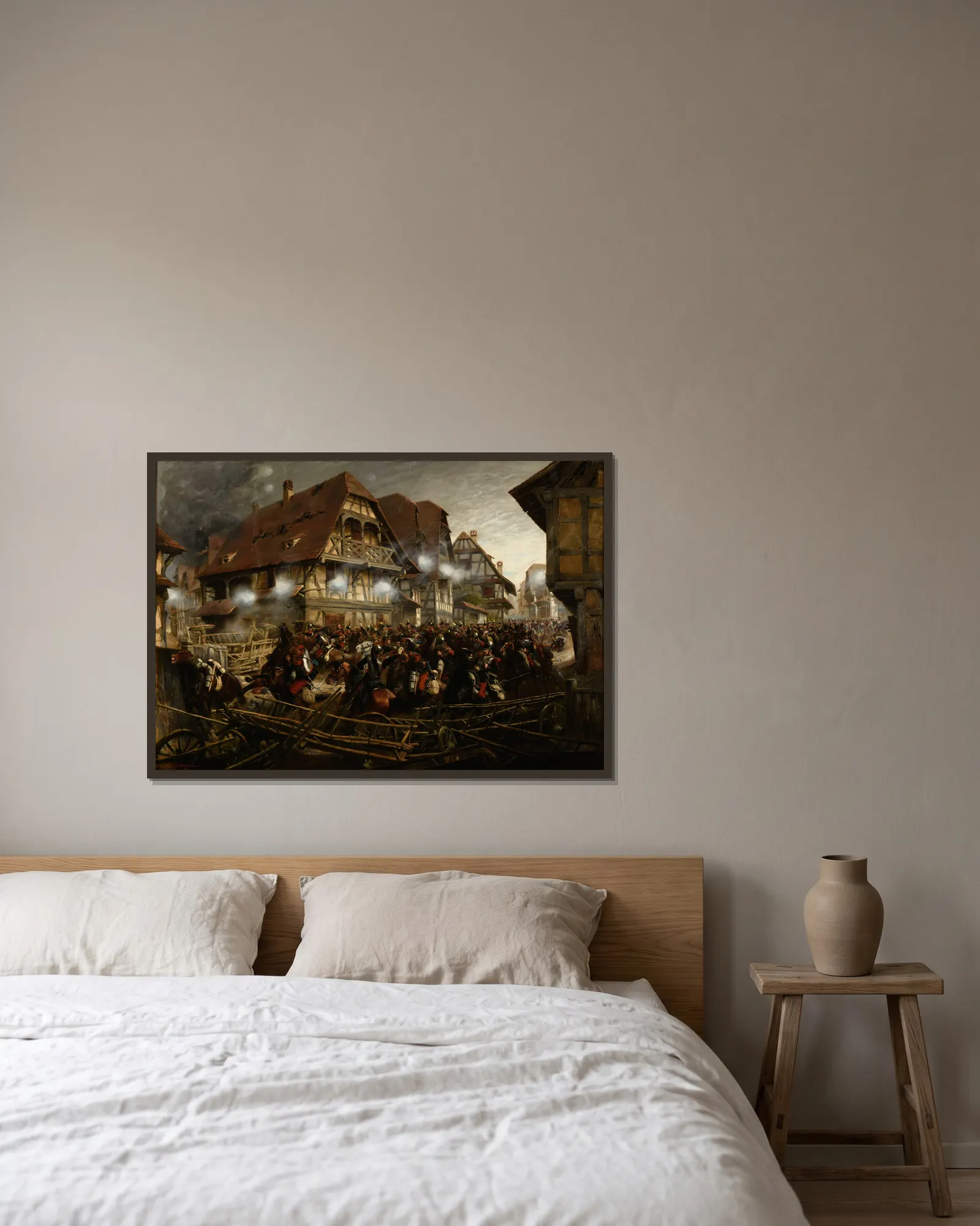 Charge du 9e régiment de cuirassiers dans le village de Morsbronn av Jean-Baptiste Édouard Detaille inramad på en vägg