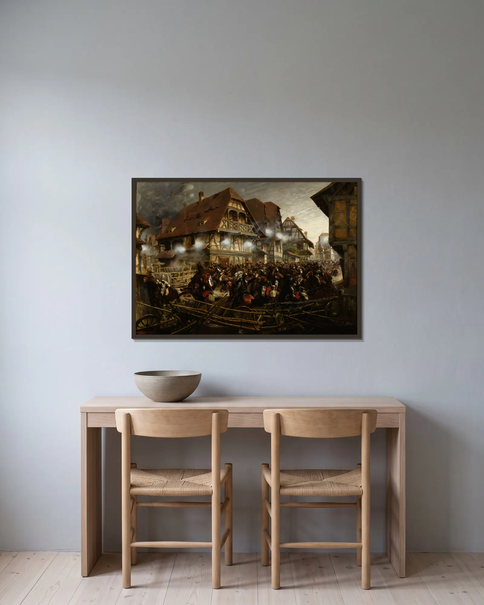 Charge du 9e régiment de cuirassiers dans le village de Morsbronn av Jean-Baptiste Édouard Detaille inramad på en vägg