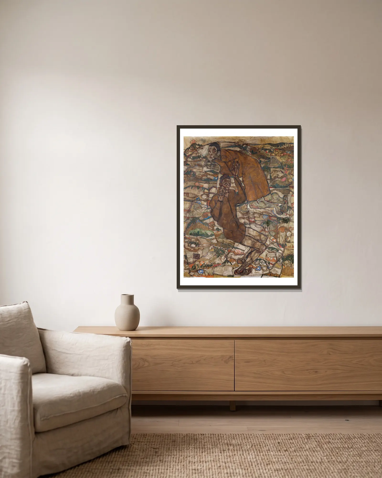 Levitation (The Blind II) av Egon Schiele inramad på en vägg