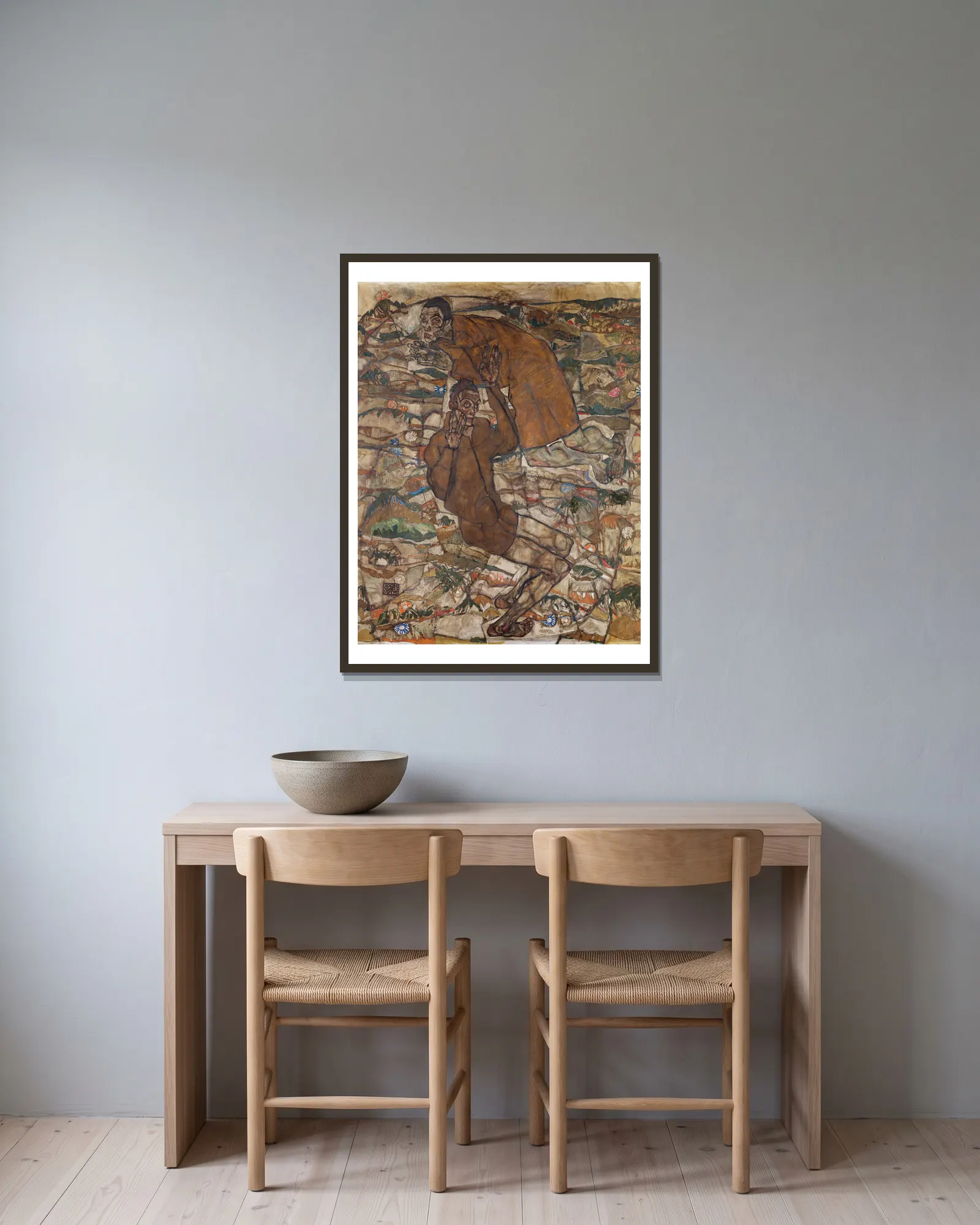 Levitation (The Blind II) av Egon Schiele inramad på en vägg