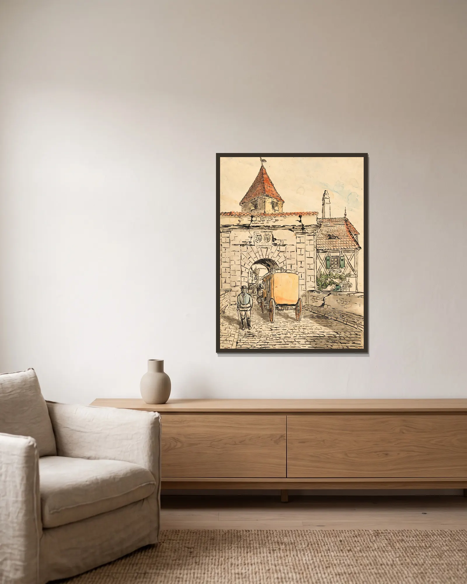 Stadttor mit Kutsche (Schülerarbeit) av Egon Schiele inramad på en vägg