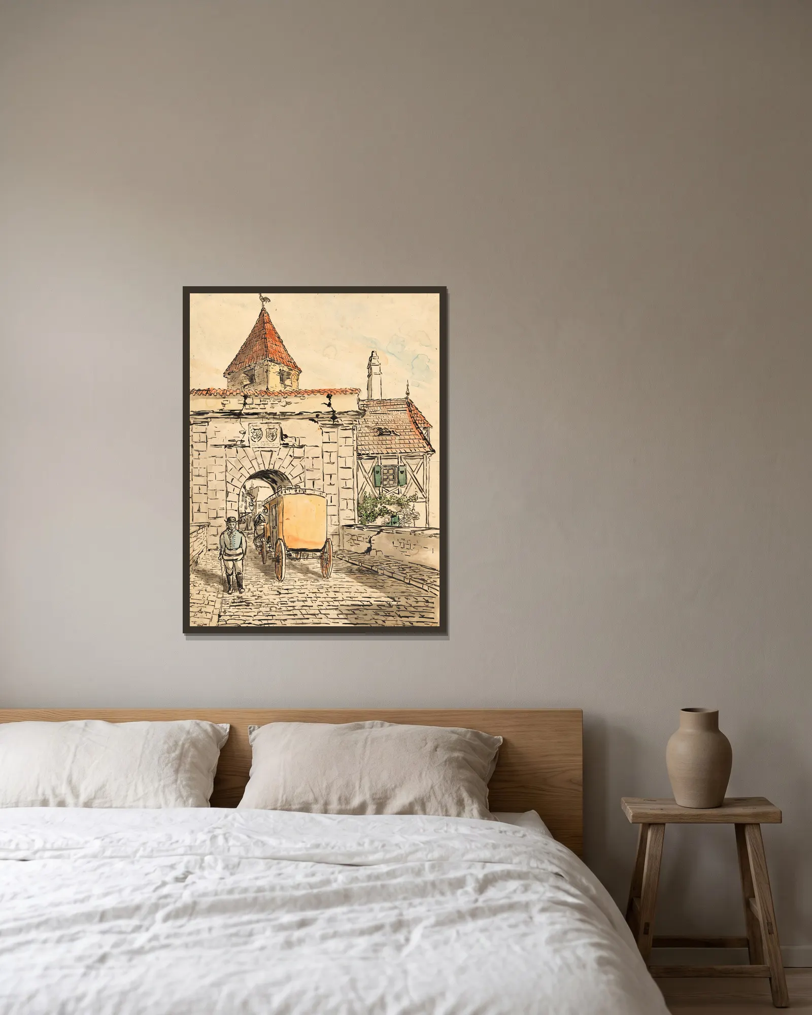 Stadttor mit Kutsche (Schülerarbeit) av Egon Schiele inramad på en vägg