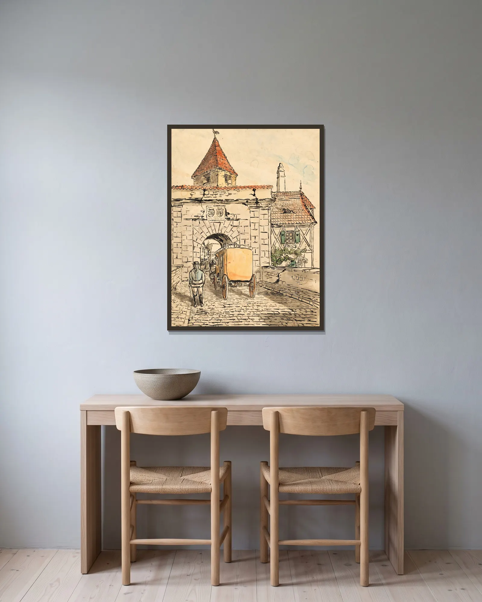 Stadttor mit Kutsche (Schülerarbeit) av Egon Schiele inramad på en vägg