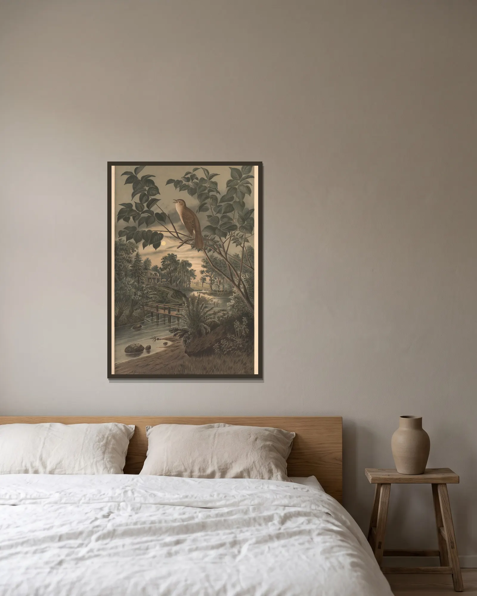 Nightingale av Emil Schmidt inramad på en vägg