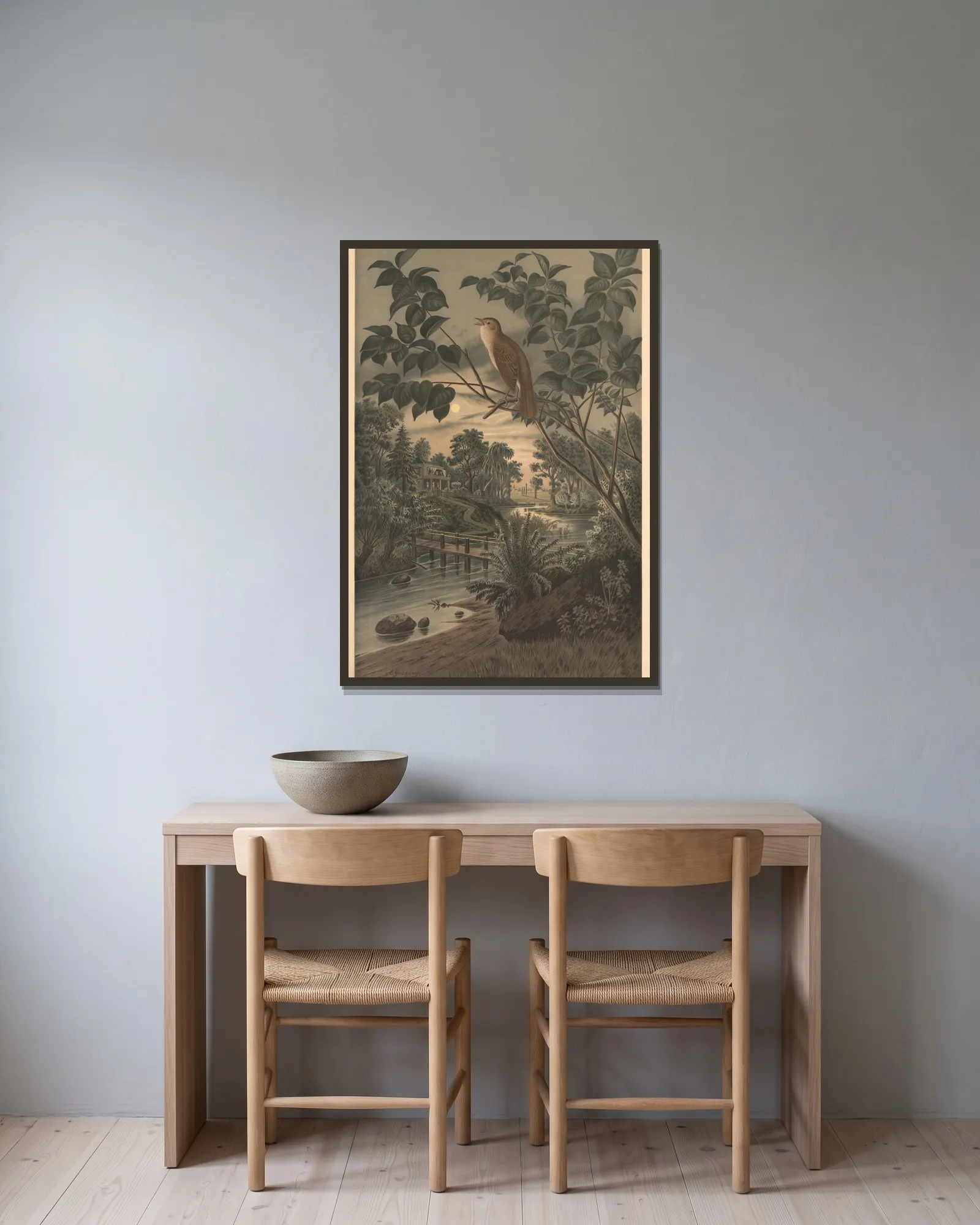 Nightingale av Emil Schmidt inramad på en vägg