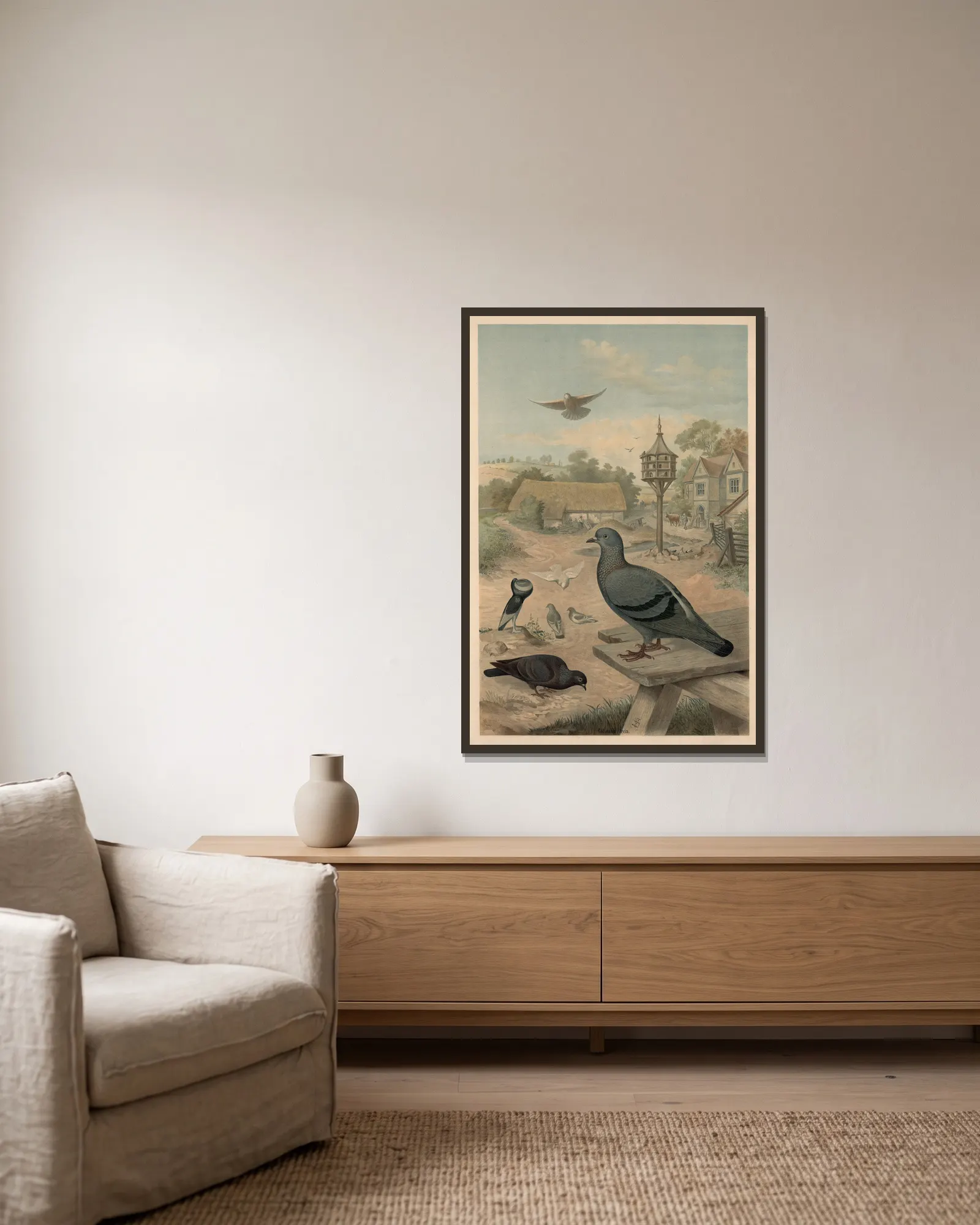 Pigeons av Emil Schmidt inramad på en vägg