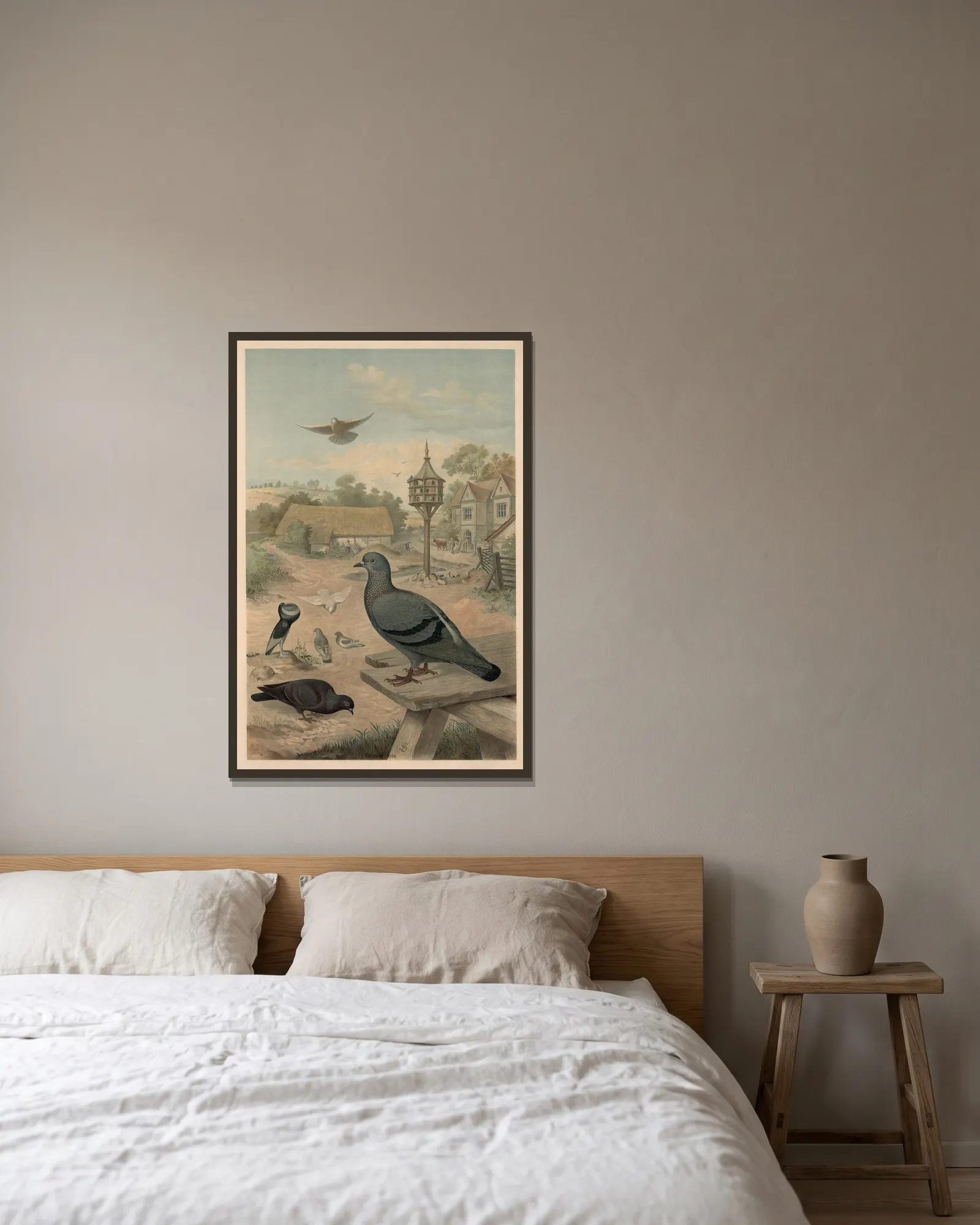 Pigeons av Emil Schmidt inramad på en vägg