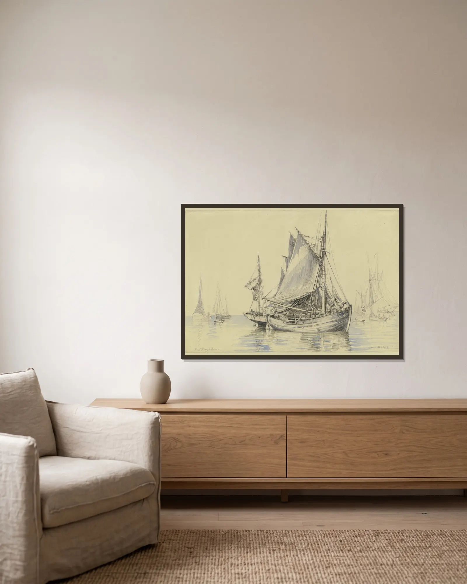 Fishing boats near Ostend av Friedrich Ernst Morgenstern inramad på en vägg