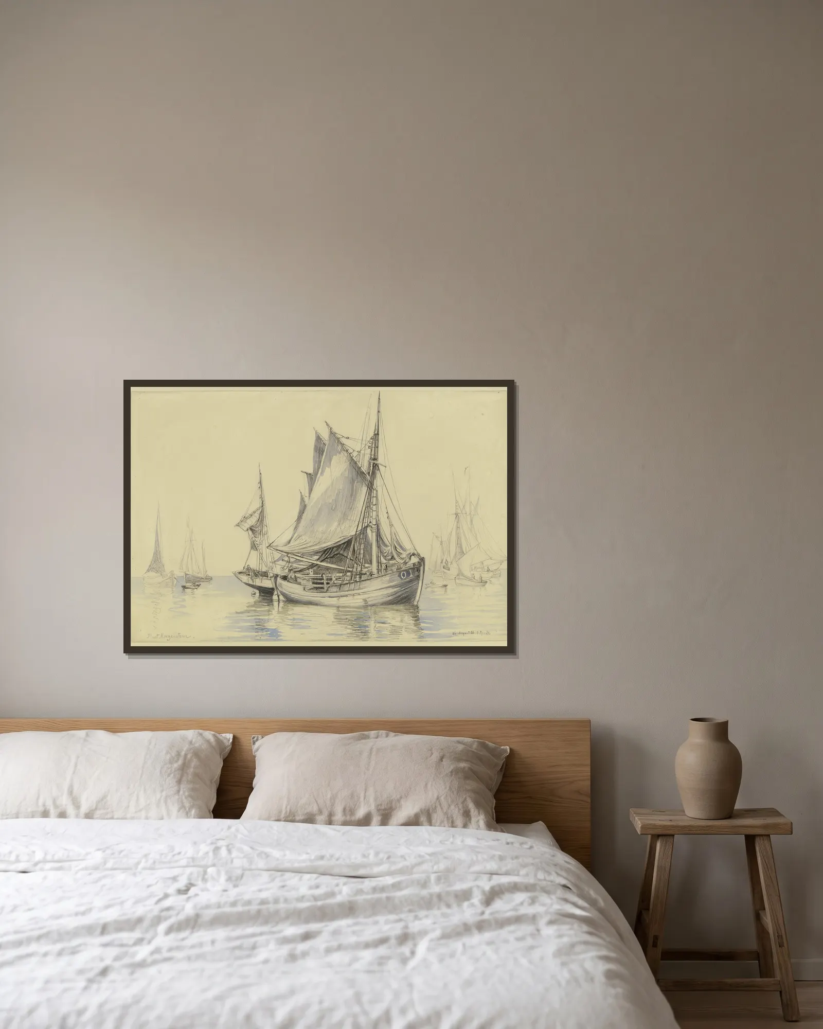 Fishing boats near Ostend av Friedrich Ernst Morgenstern inramad på en vägg